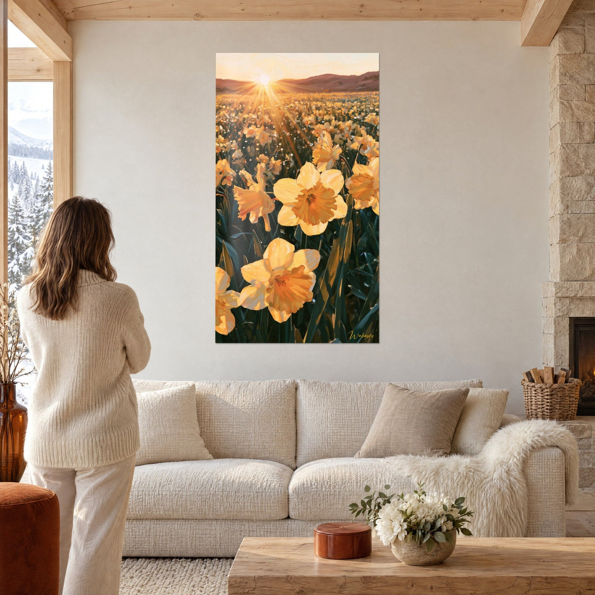 Cuadro campo de narcisos amarillo azafrán bajo un sol radiante, colinas pardas al fondo, una mujer de espaldas, sobre un sofá en un salón luminoso