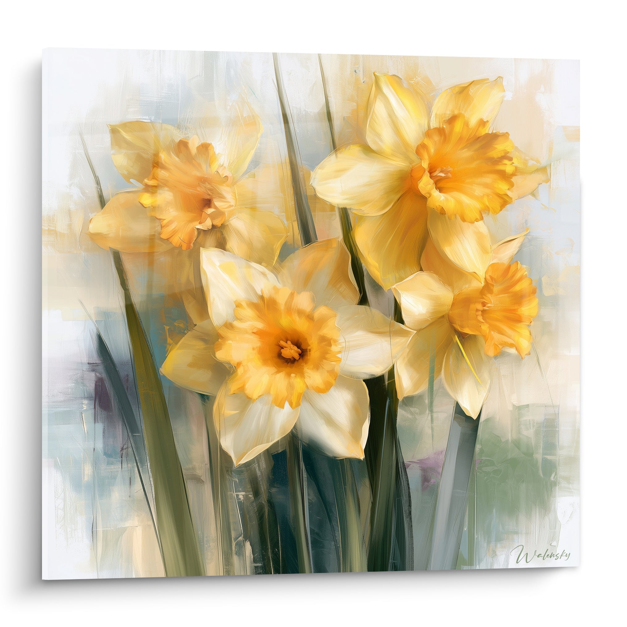 Jonquilles jaunes et blanches aux cœurs orangés, peinture à touches larges sur fond gris bleuté