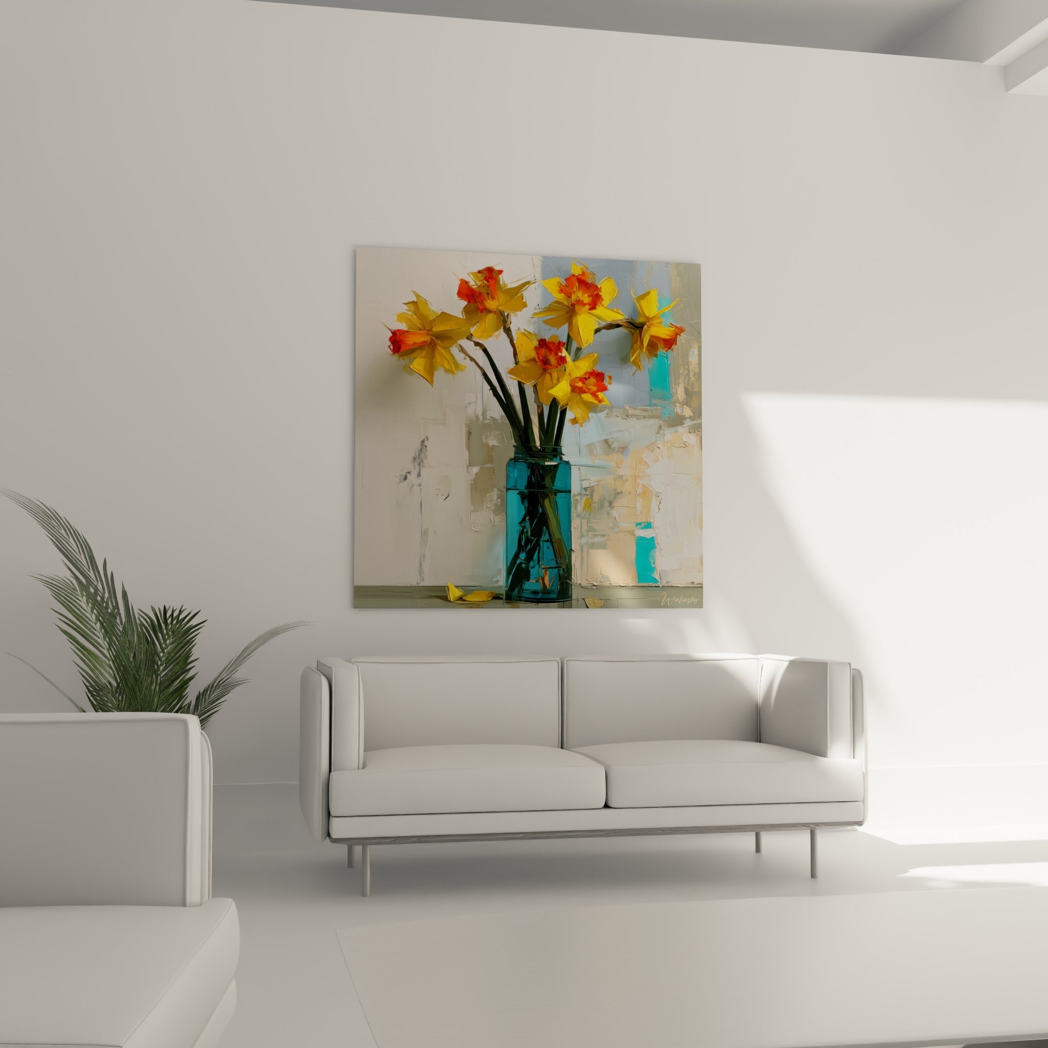 Fleurs de jonquilles orangées et vase bleu turquoise au-dessus d'un canapé dans un salon lumineux