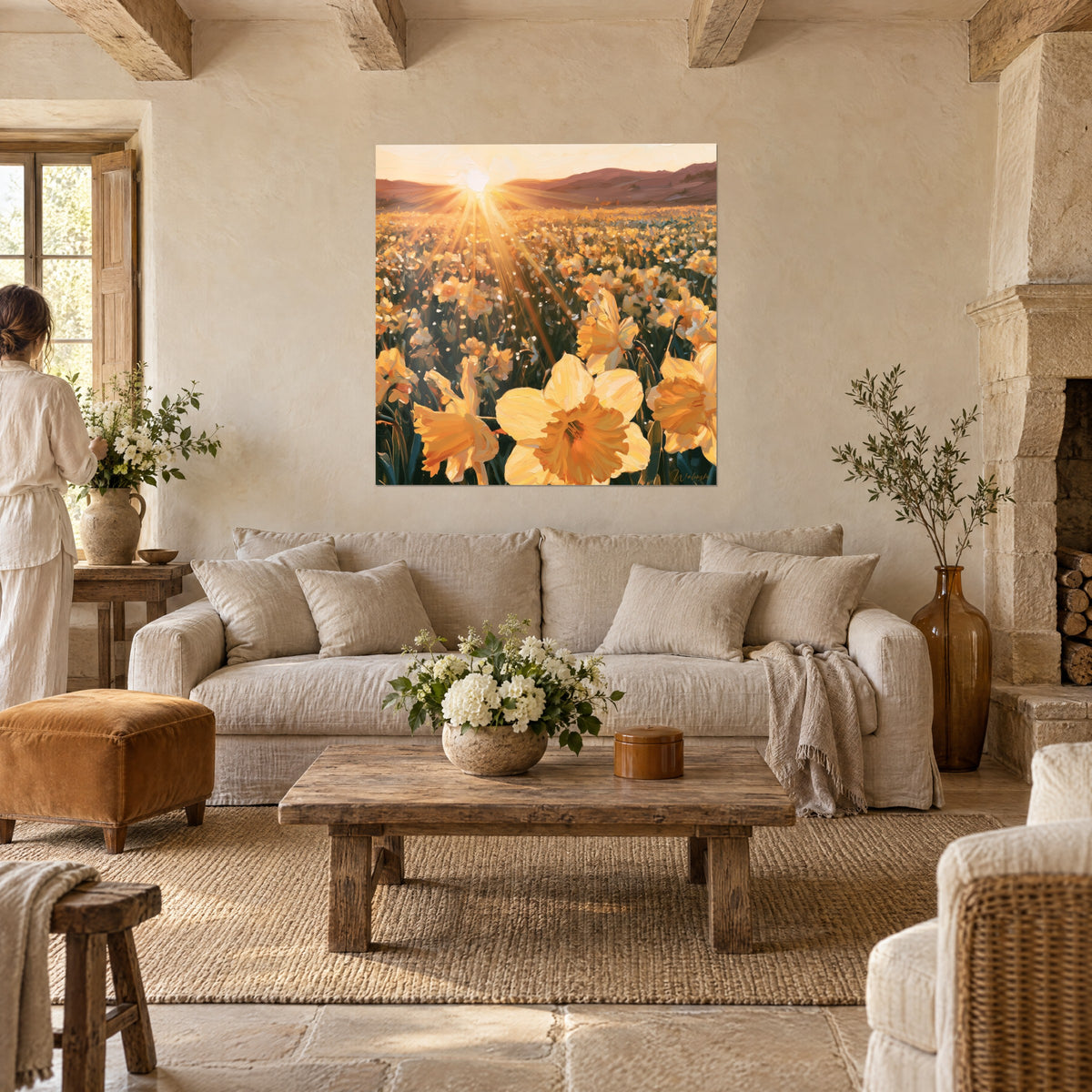 Quadro campo di narcisi giallo zafferano sotto raggi di sole, colline malva, sopra un divano in un soggiorno luminoso