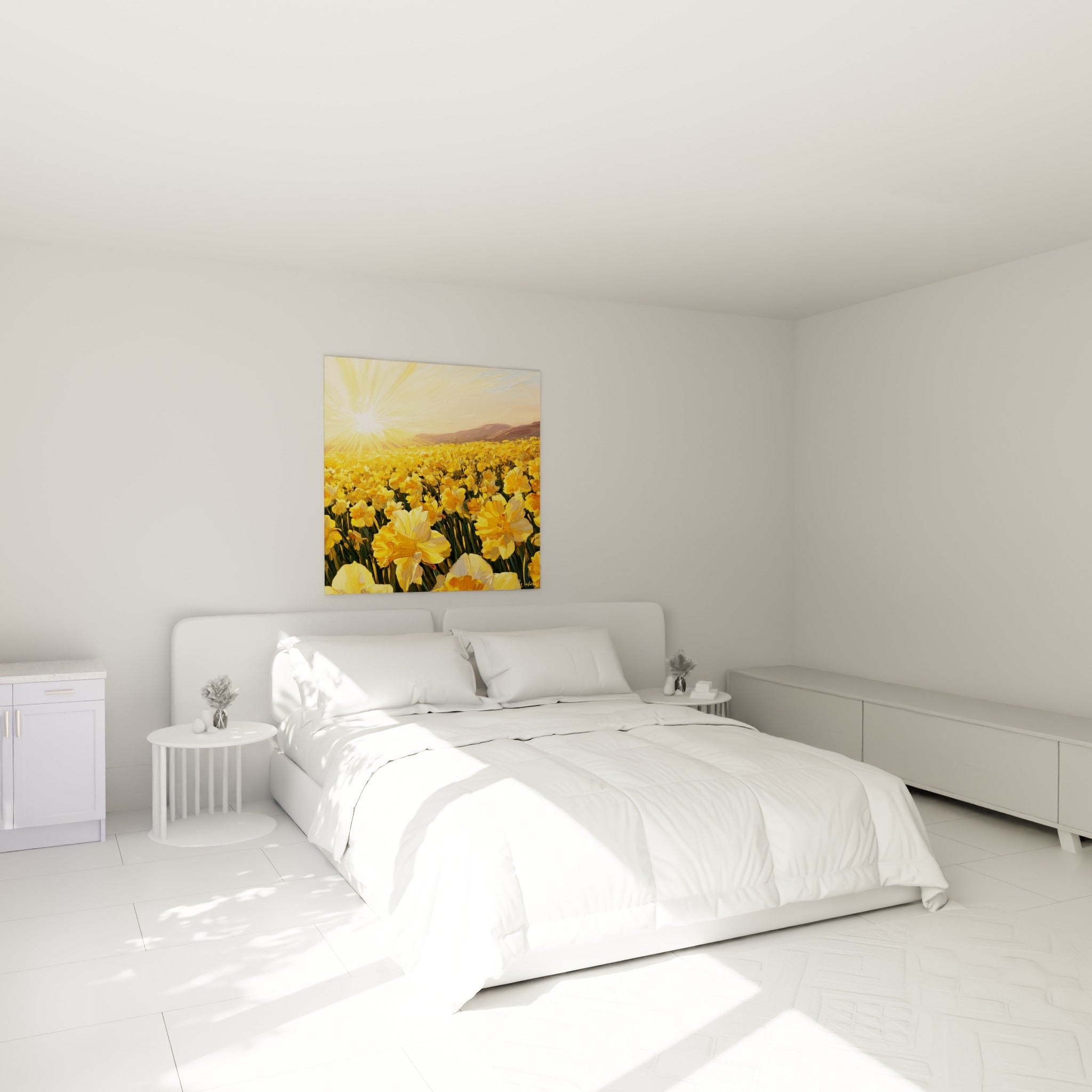 Champ de jonquilles jaunes et orangées au-dessus d'un lit dans une chambre claire