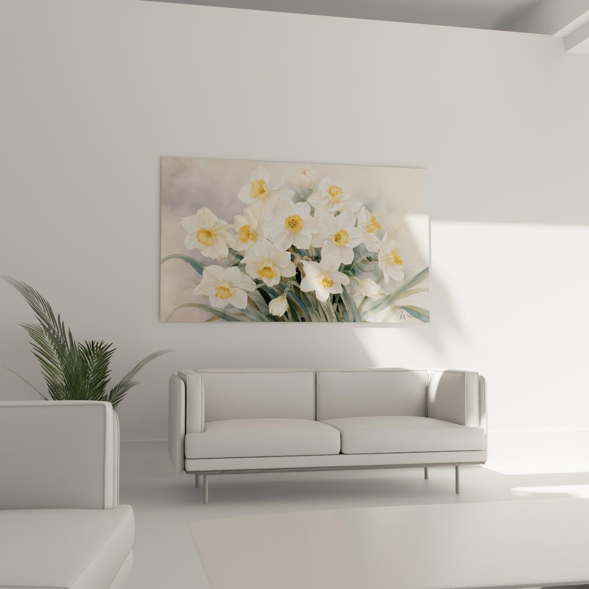 Fleurs de jonquille blanche aux pétales délicats accrochées au-dessus d'un canapé dans un salon lumineux
