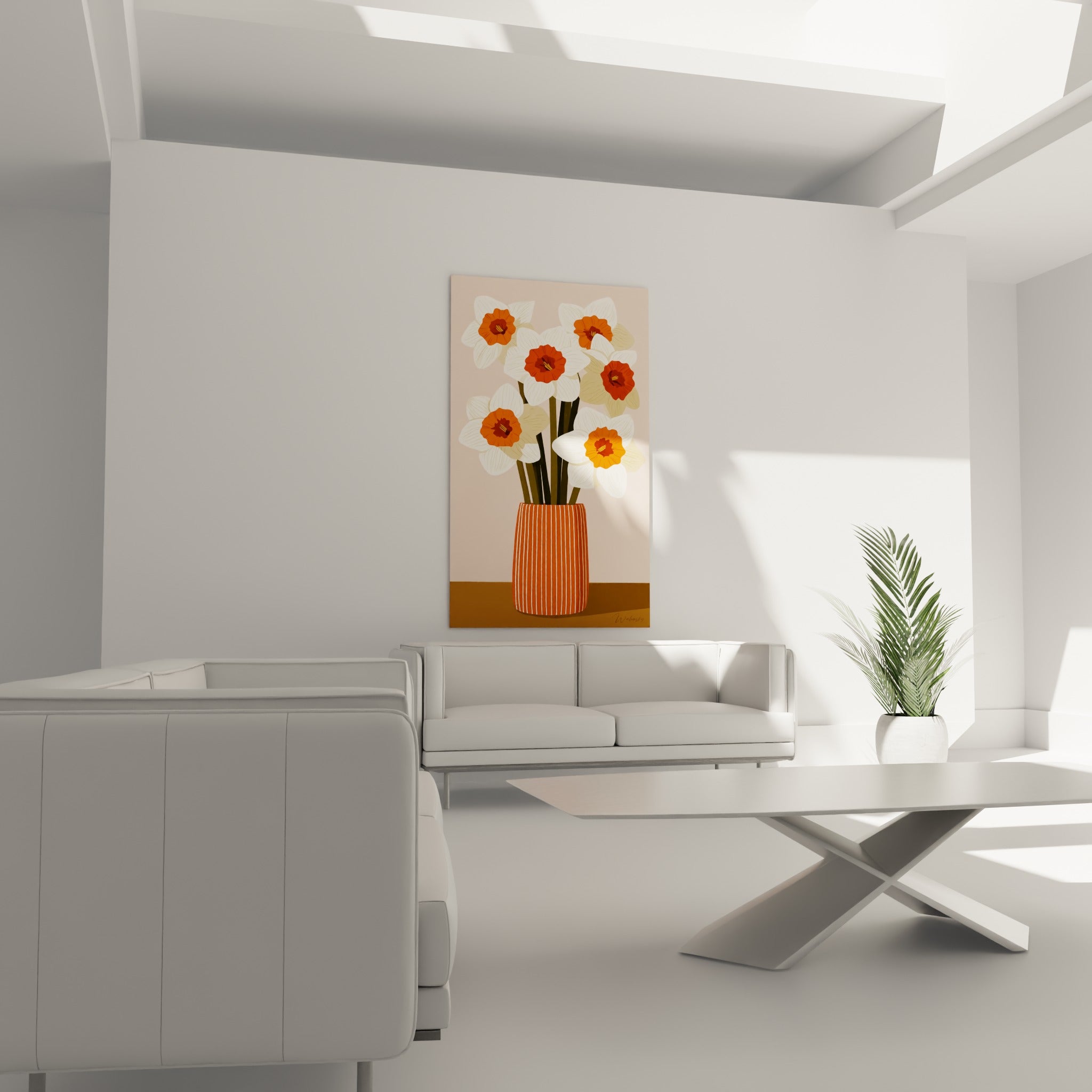 Fleurs de jonquille blanches à cœurs orangés au-dessus d'un canapé dans un salon lumineux