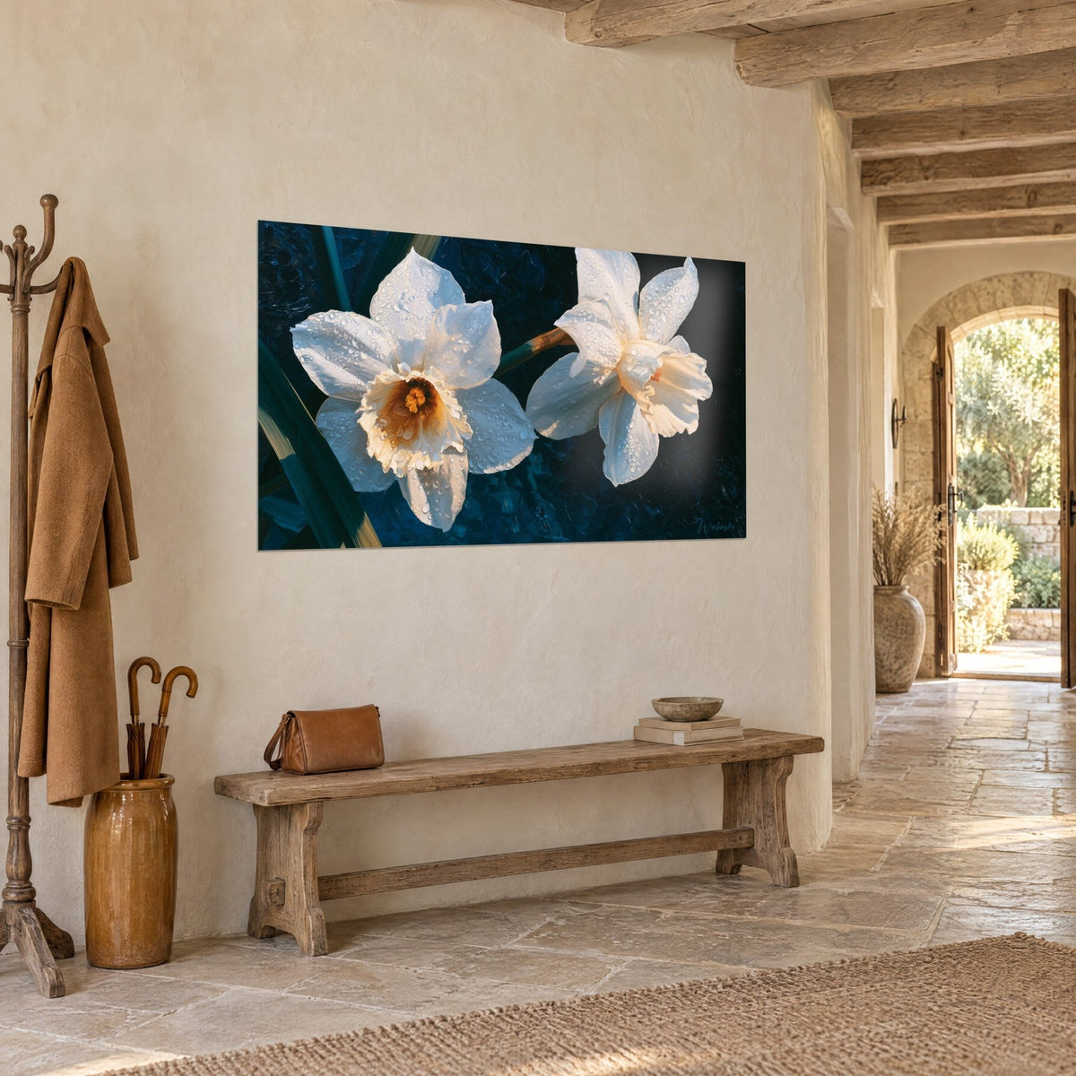 Wall art ivory daffodils with dripping petals and amber trumpet on midnight blue background, stone wall, vaulted hallway