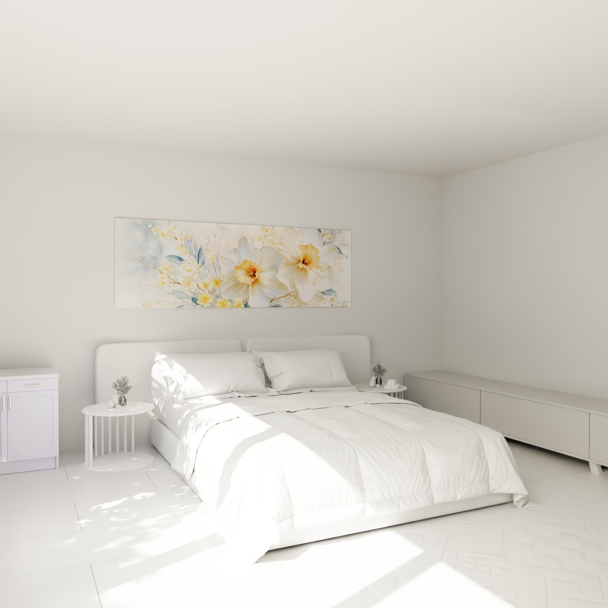Fleurs de jonquille blanches et orangées sur fond bleu pastel, au-dessus d'un lit dans une chambre claire