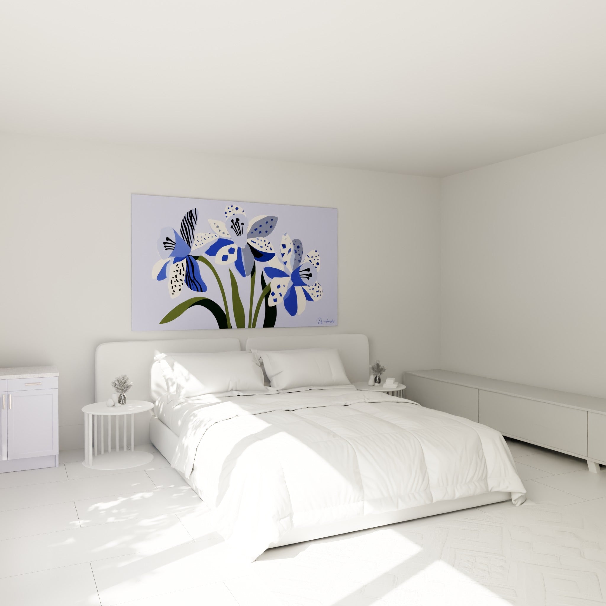 Trois jonquilles bleu marine et blanches, tiges vertes incurvées, au-dessus d'un lit dans une chambre claire