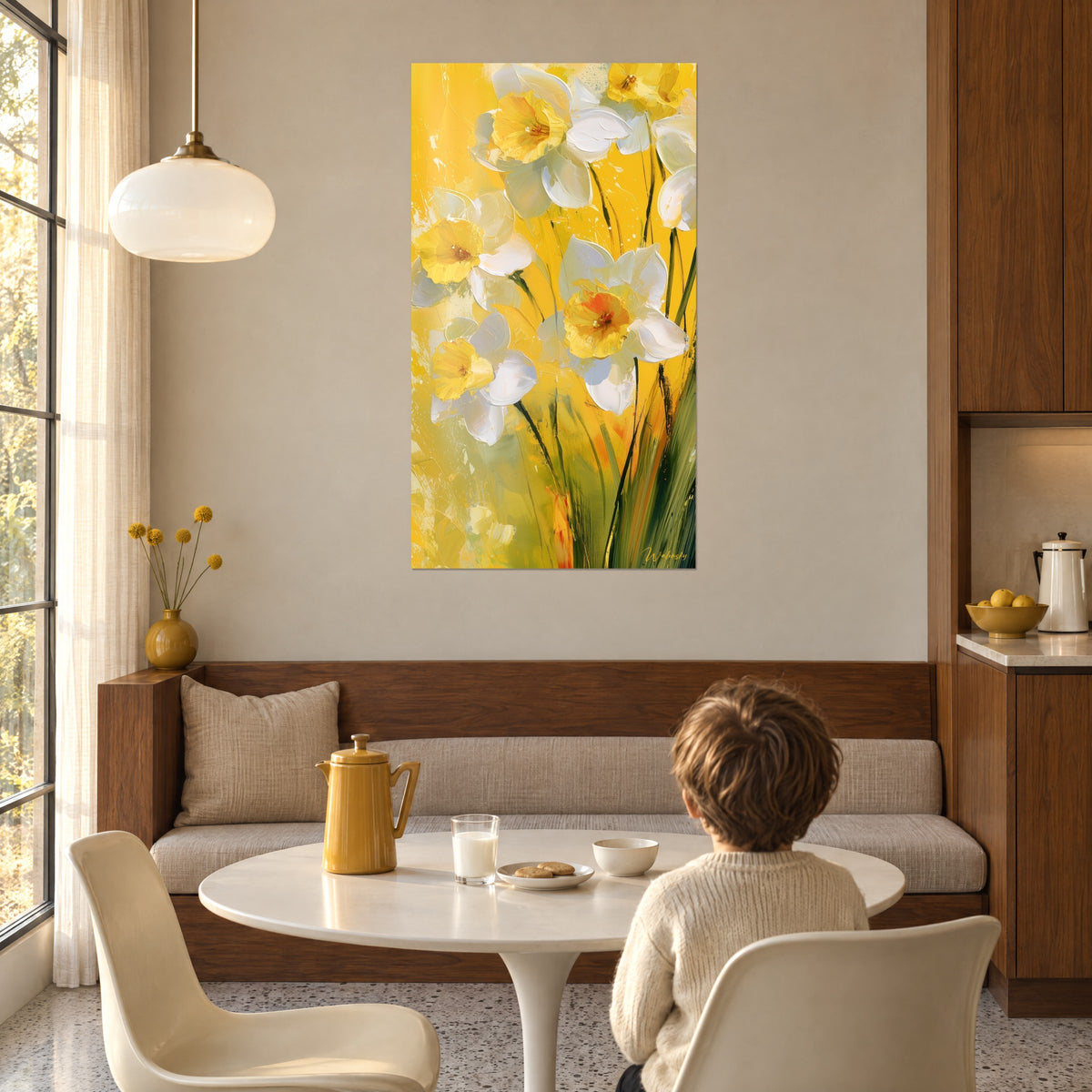 Cuadro narcisos de pétalos crema pintados con espátula, amarillo limón y verde suave, niño de espaldas en un rincón de comedor