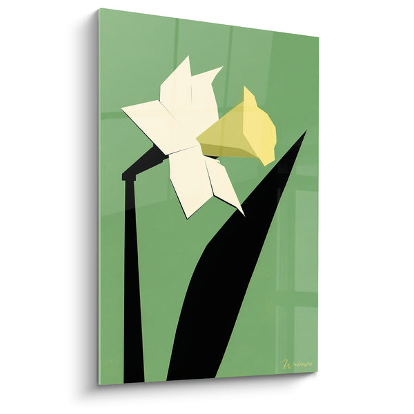 Tableau Jonquille blanche et jaune aux feuilles noires géométriques - Fond vert sauge - Edition Jonquille