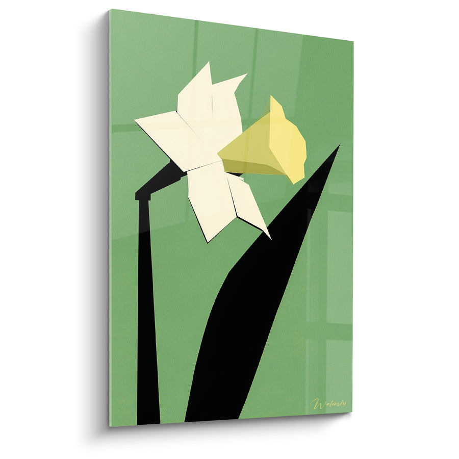 Tableau Jonquille blanche et jaune aux feuilles noires géométriques - Fond vert sauge - Edition Jonquille