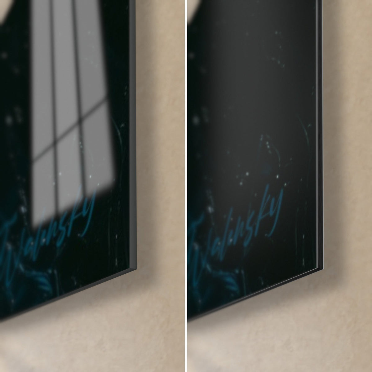 Wall art white flowers in oil painting, bottom right corner: glossy acrylic glass on the left, matte black Dibond on the right