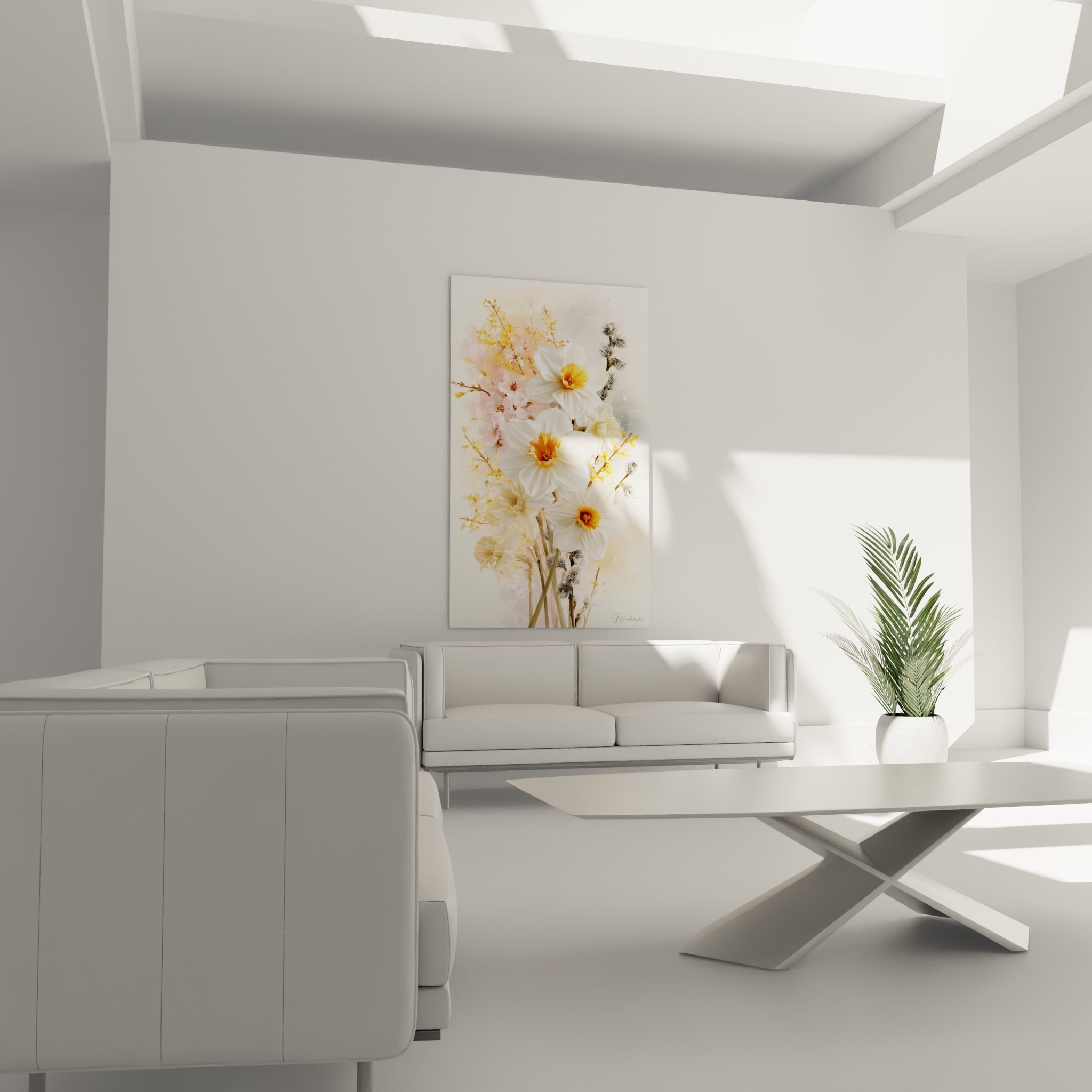 Fleurs de jonquille blanches et branches roses accrochées au-dessus d'un canapé dans un salon lumineux