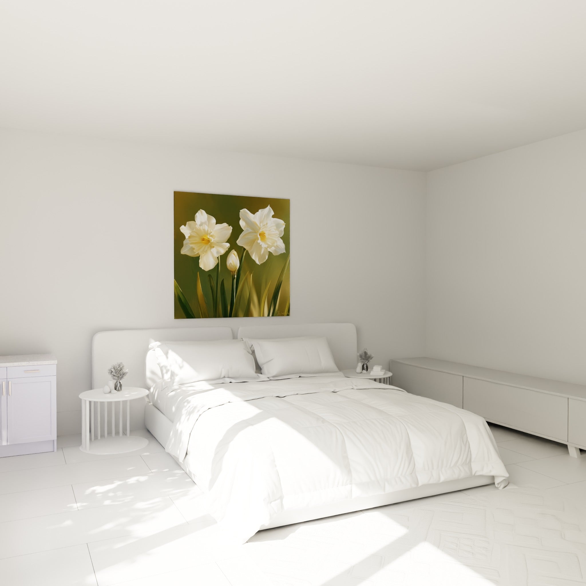 Fleurs de jonquille ivoire et jaune doré accrochées au-dessus d'un lit dans une chambre claire