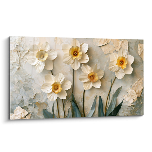 Tableau Jonquilles ivoire et dorées sur enduit craquelé - Plâtre écaillé beige - Edition Jonquille