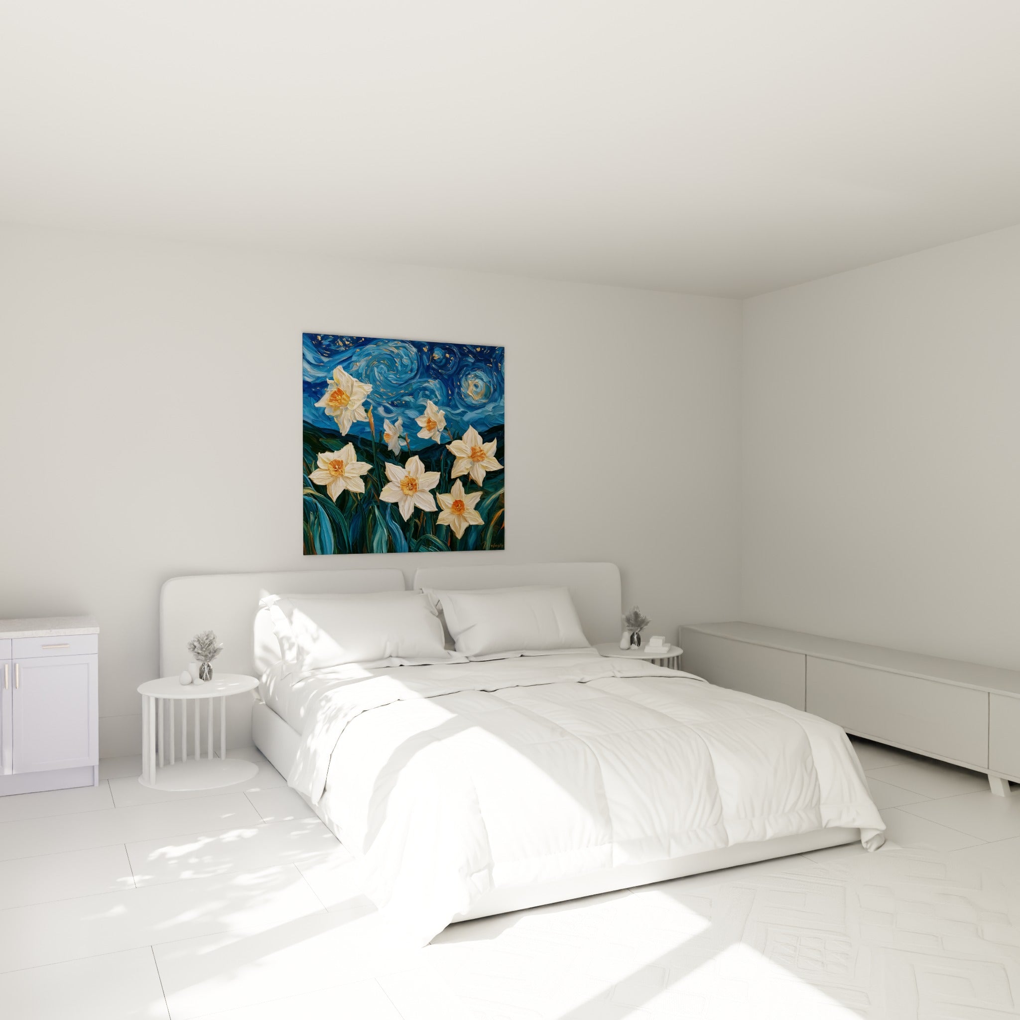 Sept jonquilles ivoire et bleu nuit peintes au-dessus d'un lit dans une chambre claire
