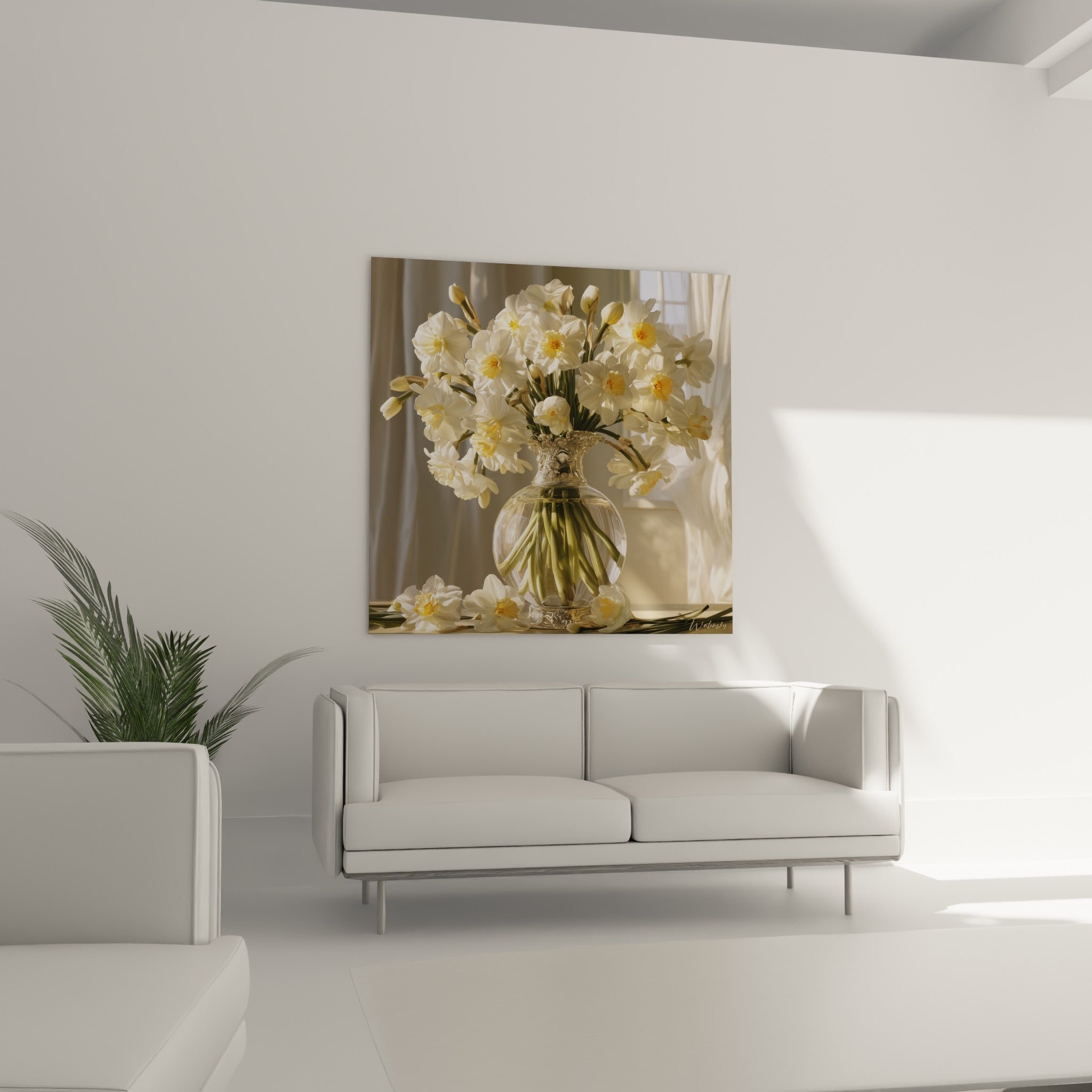 Fleurs de jonquille ivoire aux reflets dorés dans un vase en cristal, au-dessus d'un canapé dans un salon lumineux