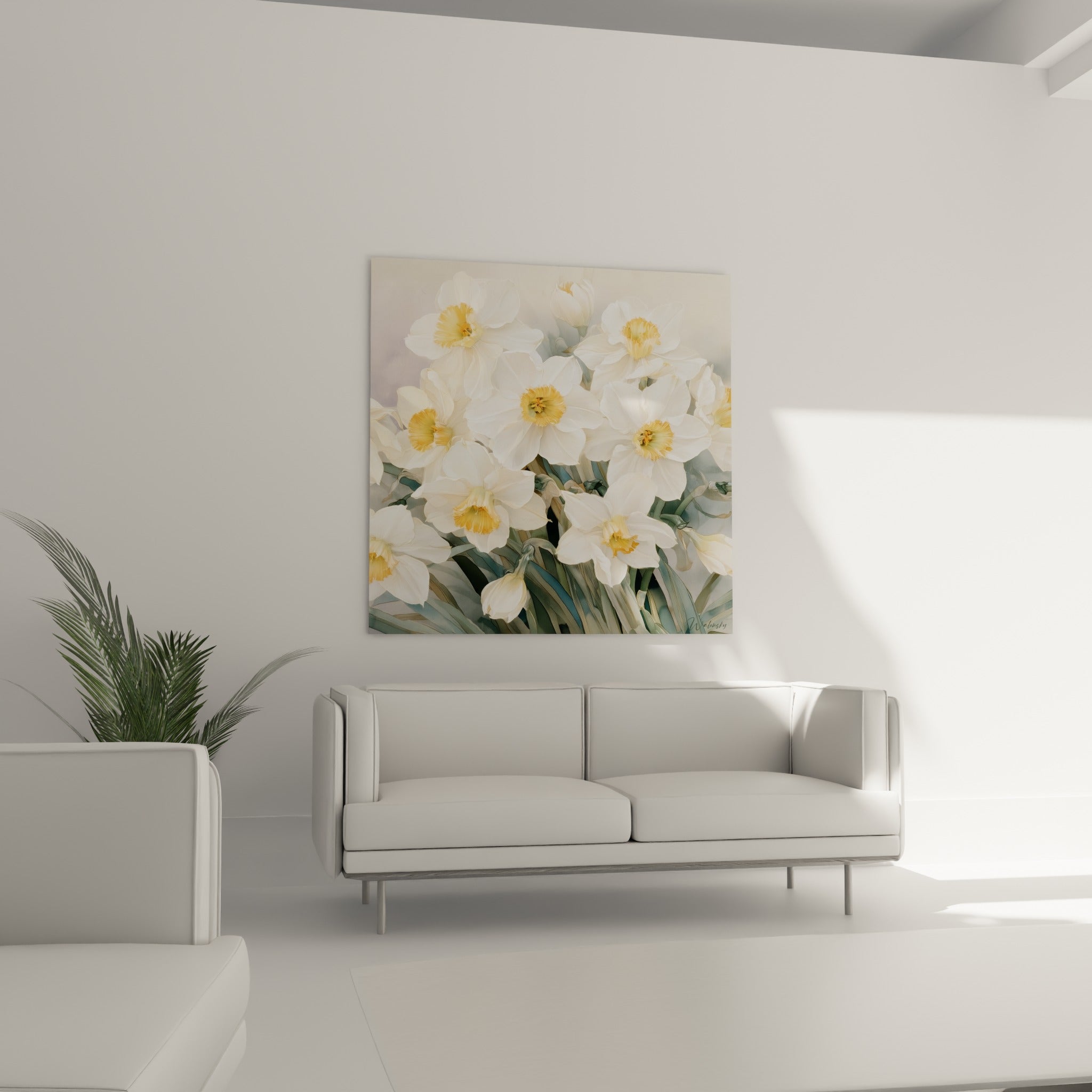 Fleurs de jonquille ivoire aux centres dorés, disposées au-dessus d'un canapé dans un salon lumineux