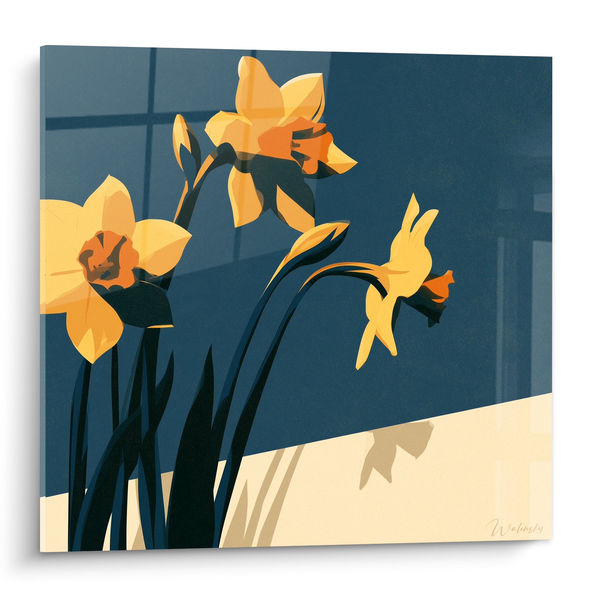 Jonquilles jaunes aux cœurs orange se déploient sur fond bleu marine et crème lumineux