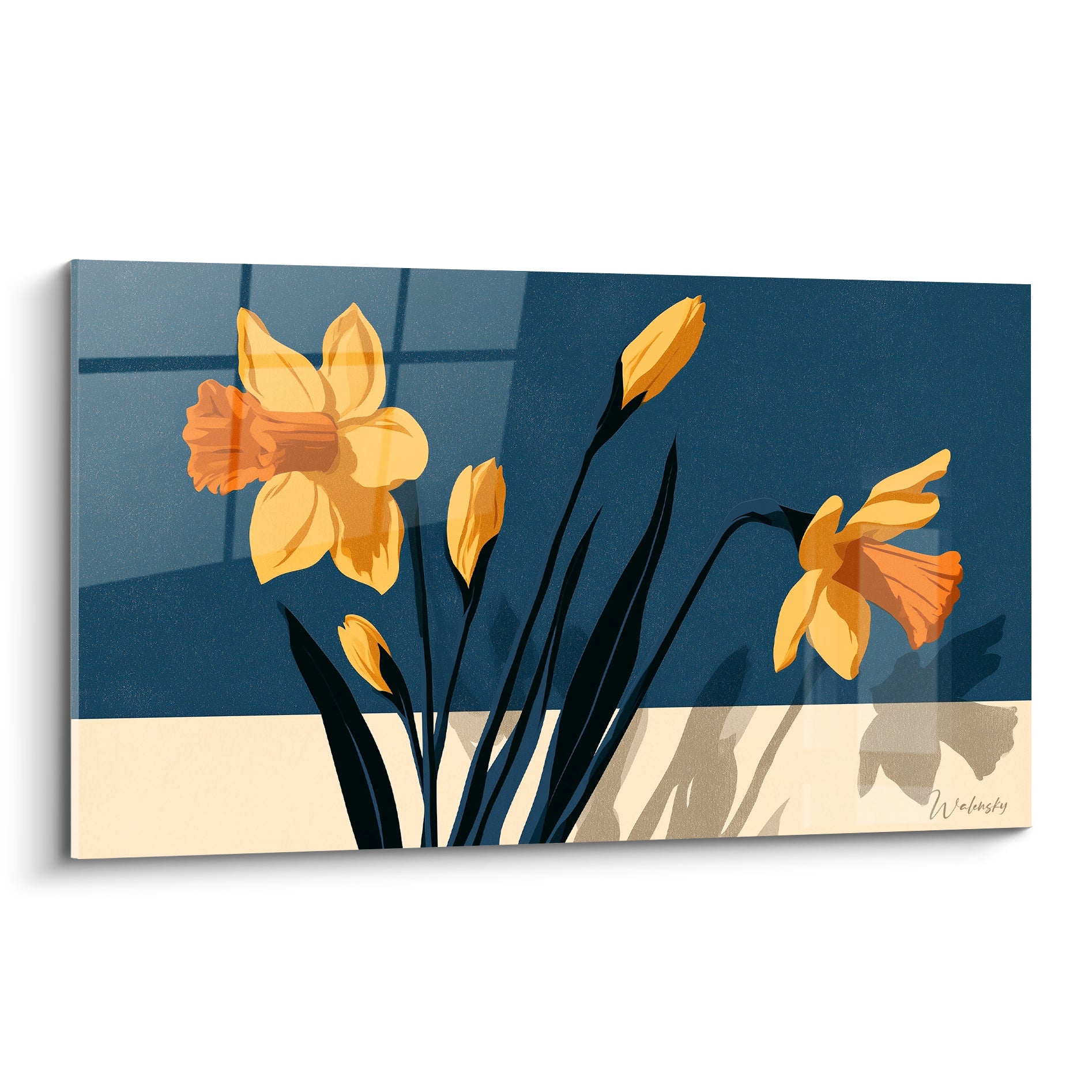 Jonquilles jaunes et orangées peintes sur fond bleu marine avec tiges anthracite graphiques