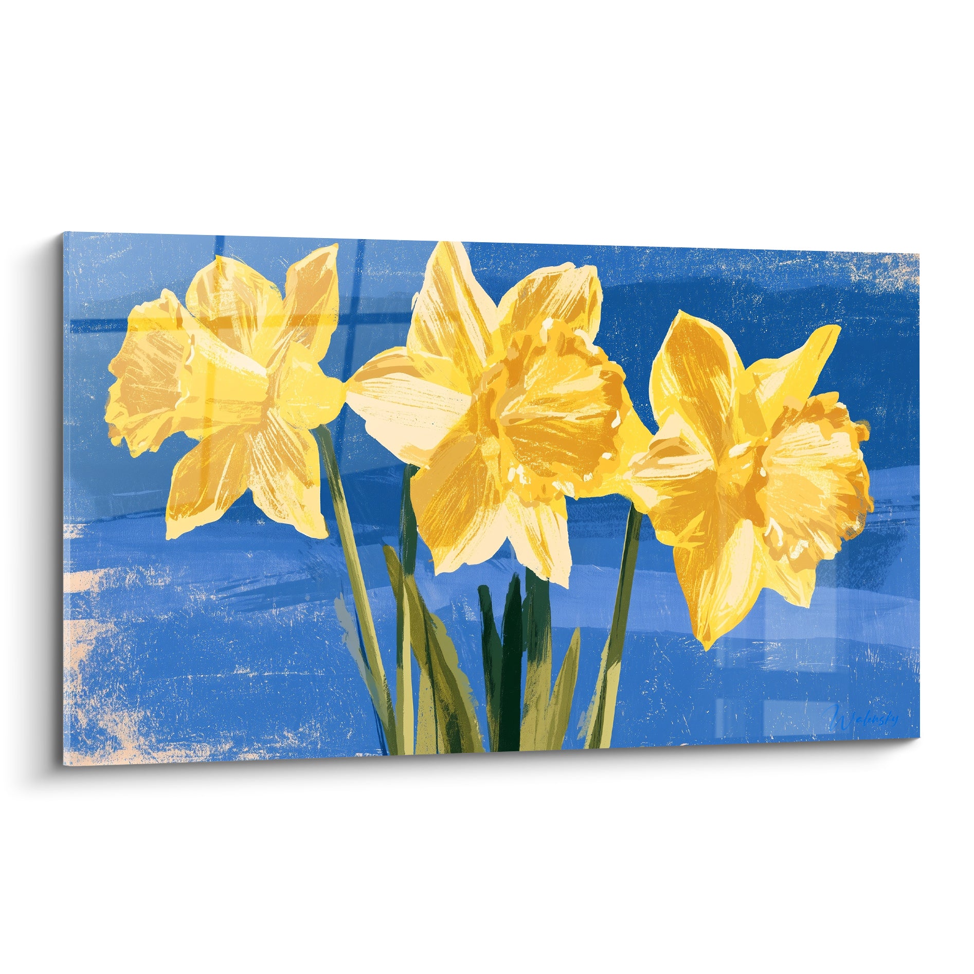 Jonquille jaune et bleu marine, trois fleurs peintes en larges aplats graphiques