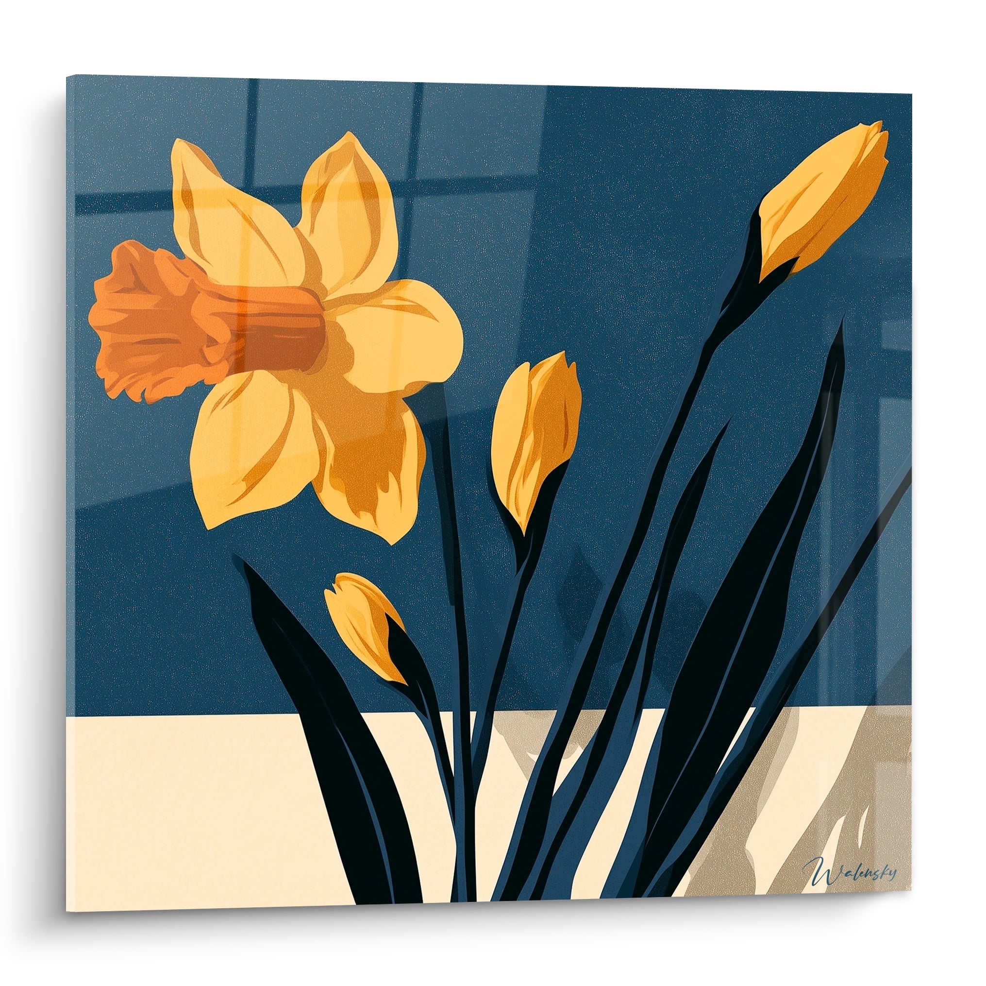 Jonquille jaune safran et orange brûlé sur fond bleu marine, style graphique aux tiges anthracite