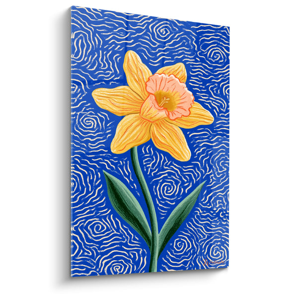 Tableau Jonquille jaune et bleu à corolle orangée - Spirales blanches tourbillonnantes - Edition Jonquille