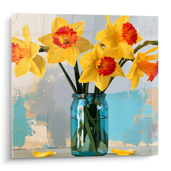 Tableau Bocal turquoise et jonquilles jaunes à cœurs rouges - Pétales tombés sur table - Edition Jonquille