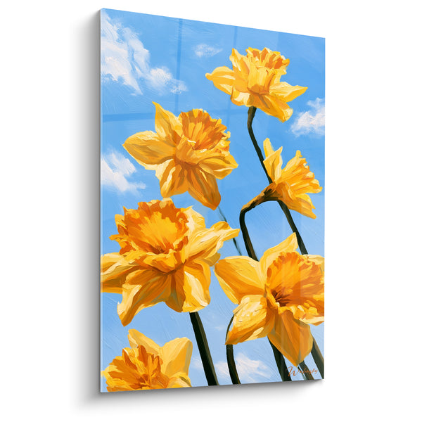 Tableau Jonquilles jaunes et orangées vers ciel bleu vif - Tiges noires courbées - Edition Jonquille