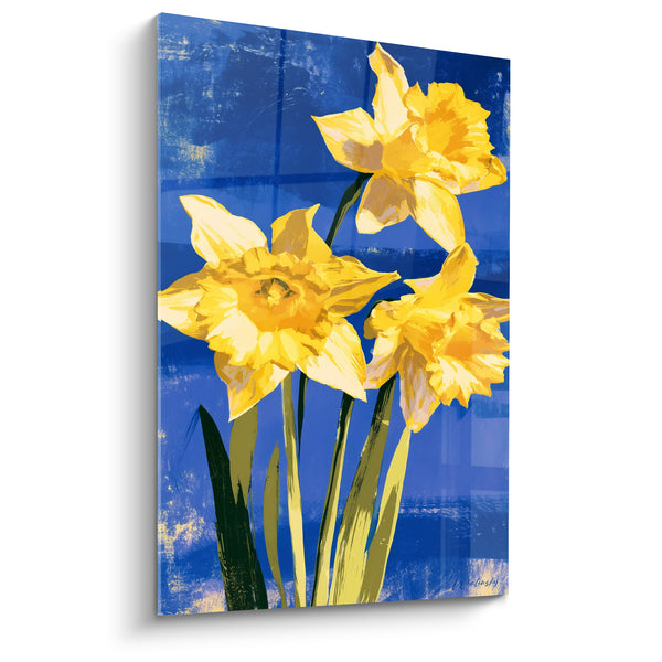 Tableau Trois jonquilles jaunes et bleu roi sur fond quadrillé - Tiges vert olive dressées - Edition Jonquille