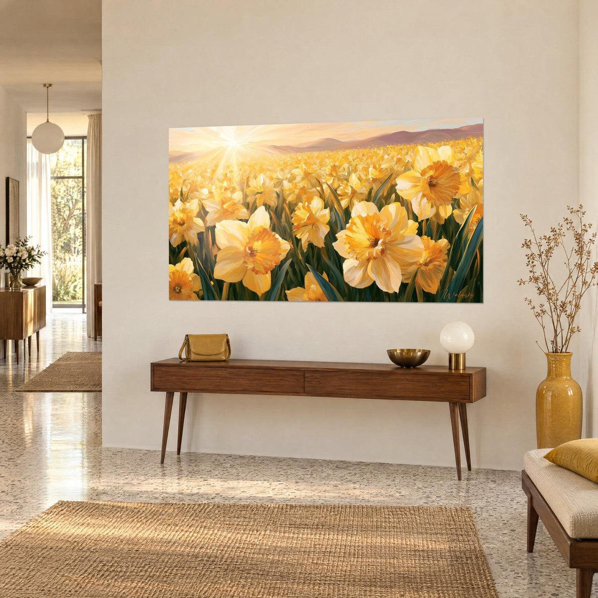 Quadro corolle giallo burro e cuori arancio in pittura a impasto spesso, sole bianco, appeso sopra una consolle in legno, corridoio luminoso