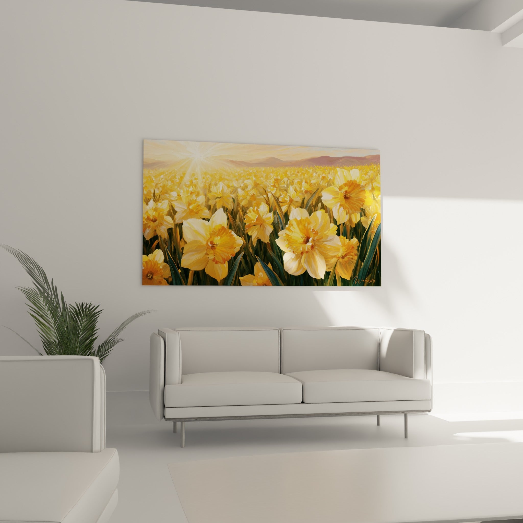 Fleurs jaunes et orangées d'un champ de jonquilles, suspendues au-dessus d'un canapé dans un salon lumineux