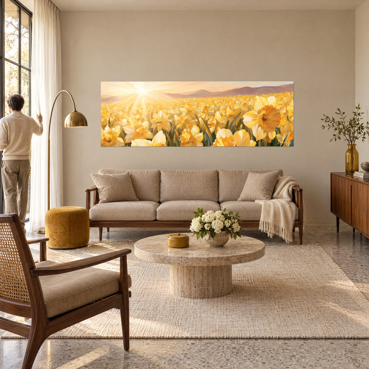 Cuadro campo de narcisos amarillo vivo bajo un sol radiante, montañas malvas al fondo, sobre un sofá en un salón luminoso
