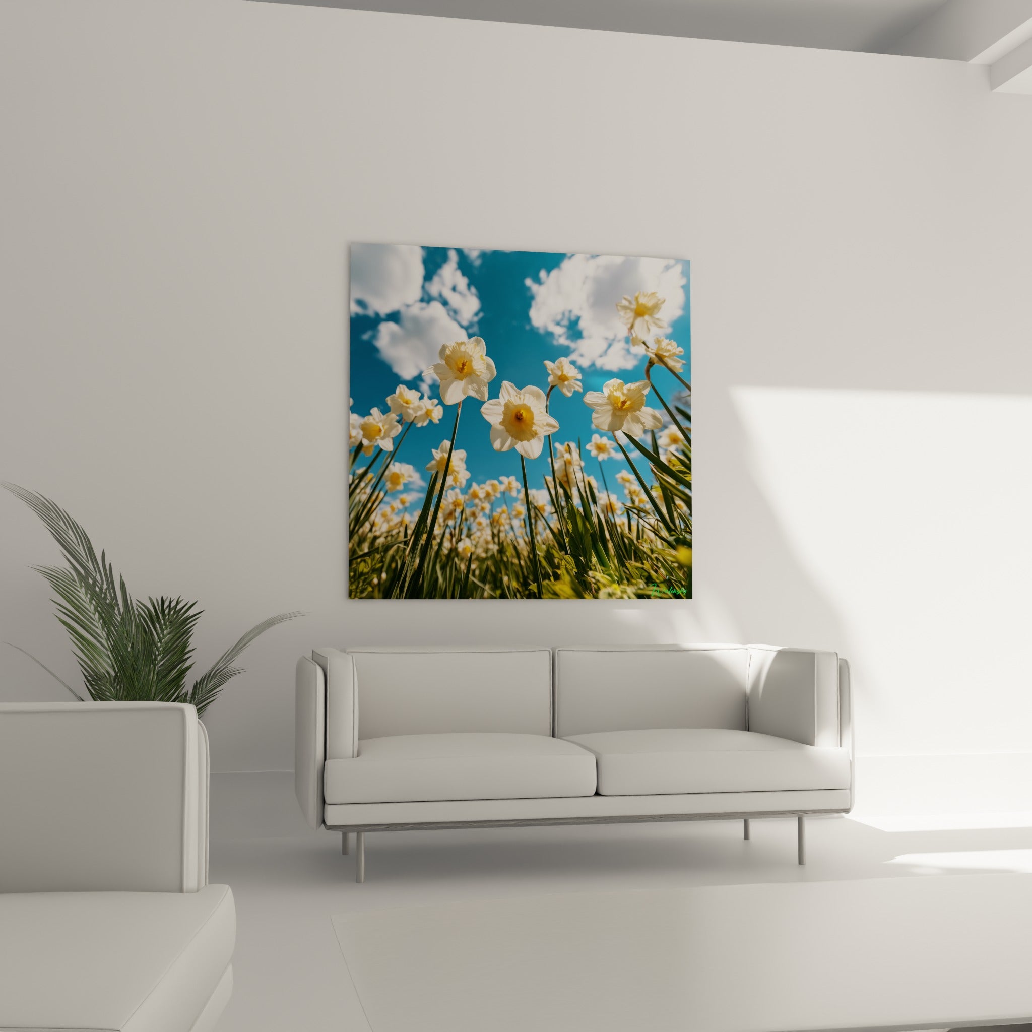 Bouquet de jonquilles crème et jaune sous ciel azur au-dessus d'un canapé dans un salon lumineux