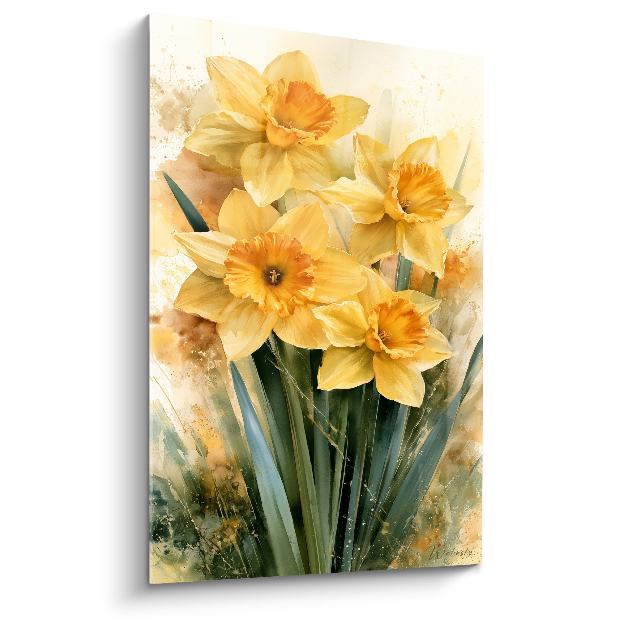 Jonquilles jaunes aux cœurs orangés peintes à l'aquarelle sur fond beige éclaboussé