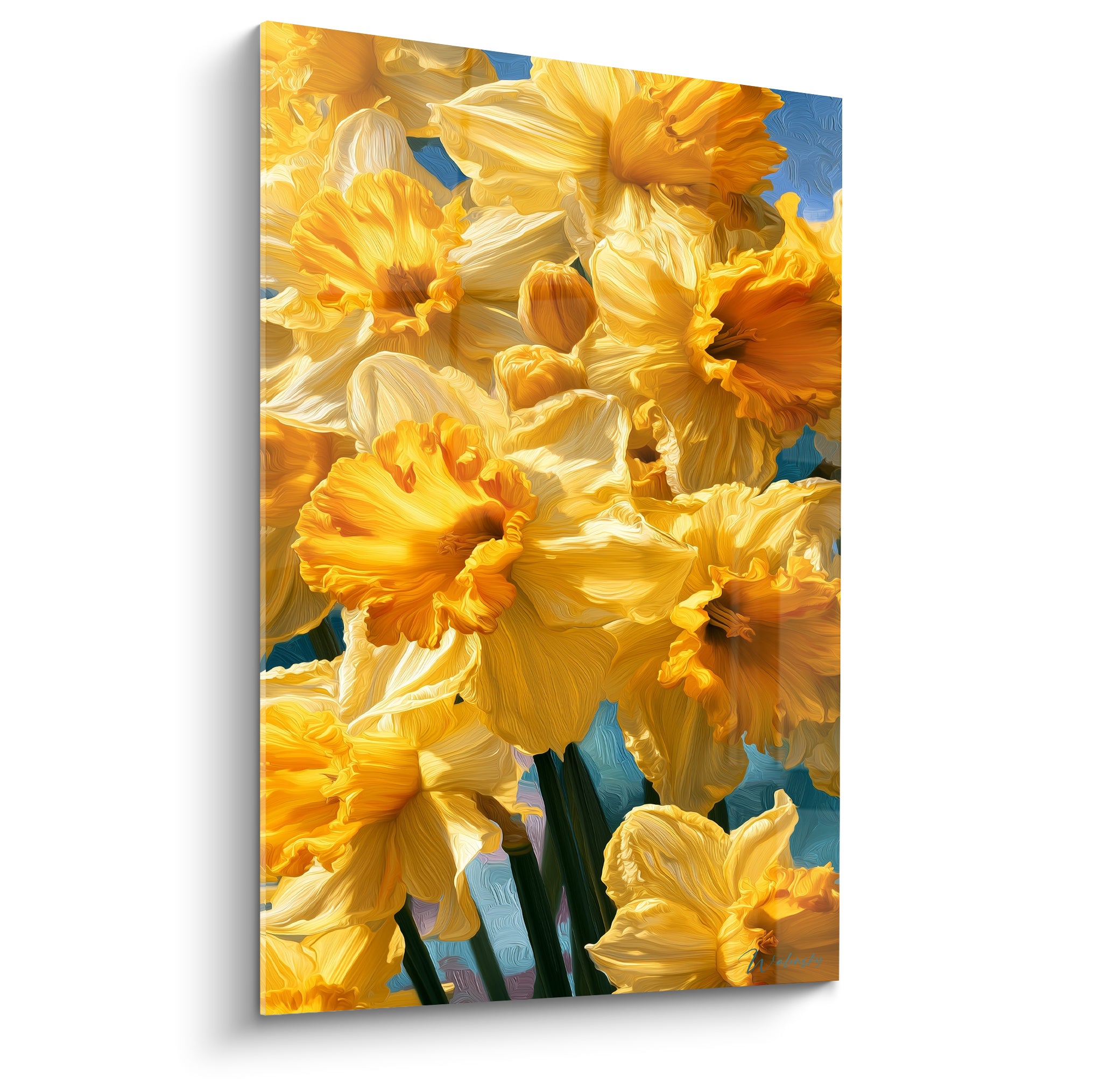 Jonquilles jaunes et orangées en gros plan, pétales froissés, fond bleu marine peint à l'huile