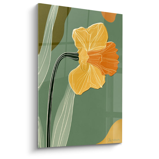 Tableau Jonquille jaune et orange sur fond vert olive - Formes organiques graphiques - Edition Jonquille