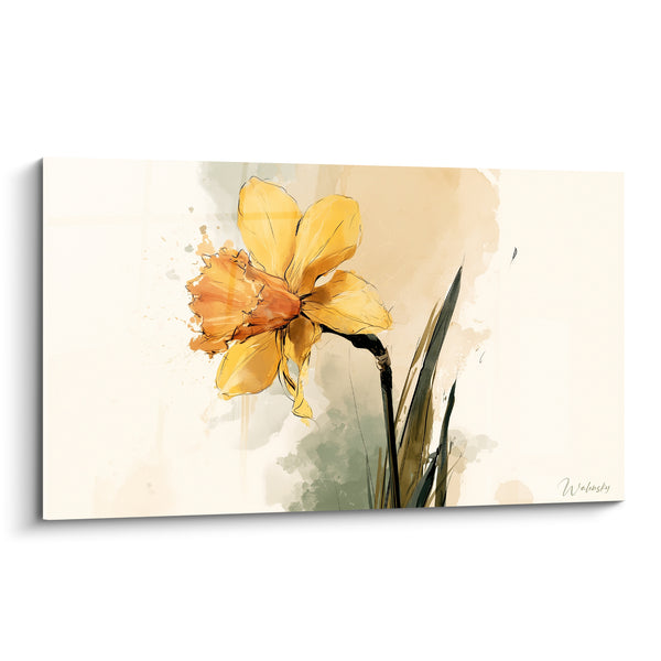 Tableau Jonquille jaune et orangée à tige noire effilée - Trait encré unique - Edition Jonquille