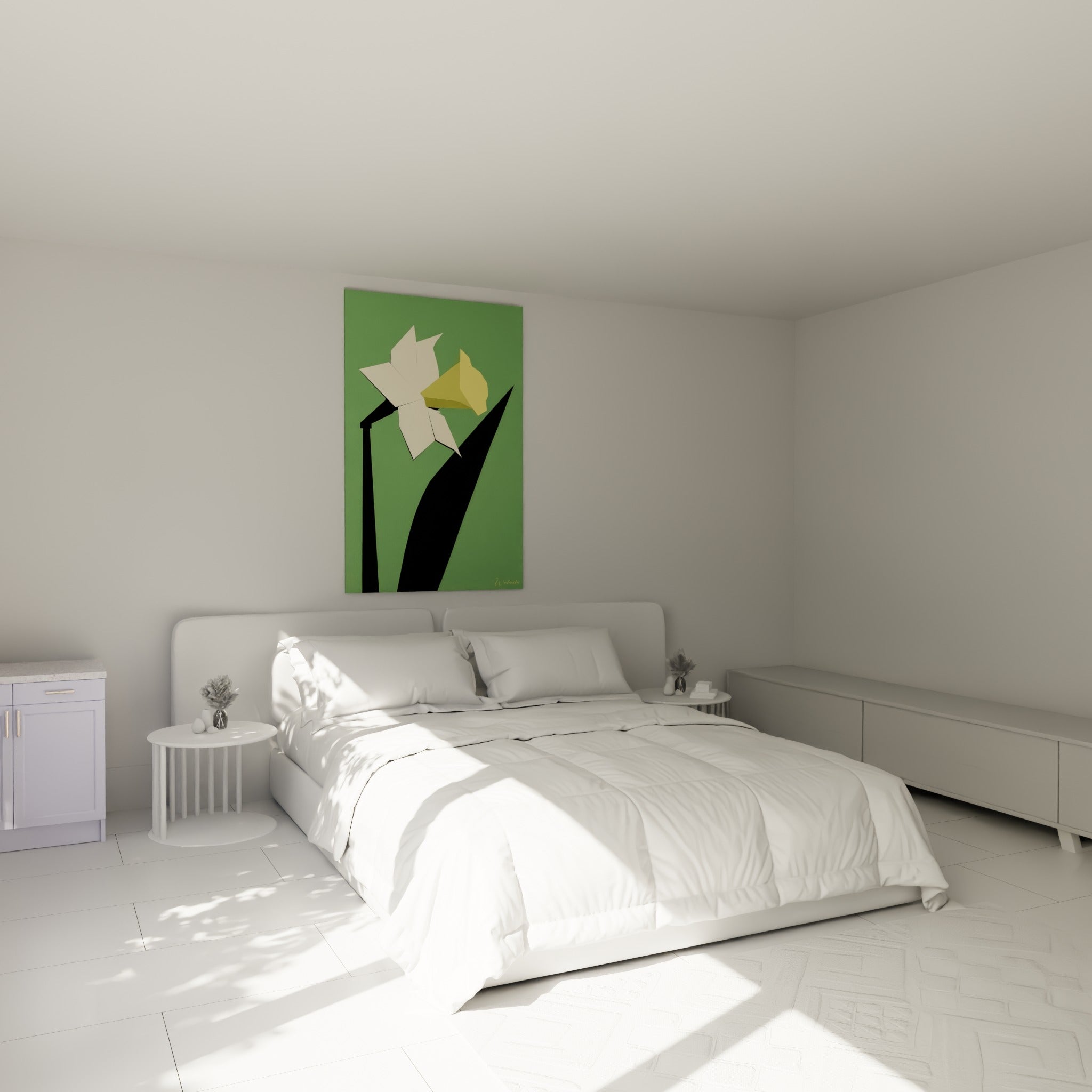 Fleur géométrique crème et jaune pâle accrochée au-dessus d'un lit dans une chambre claire