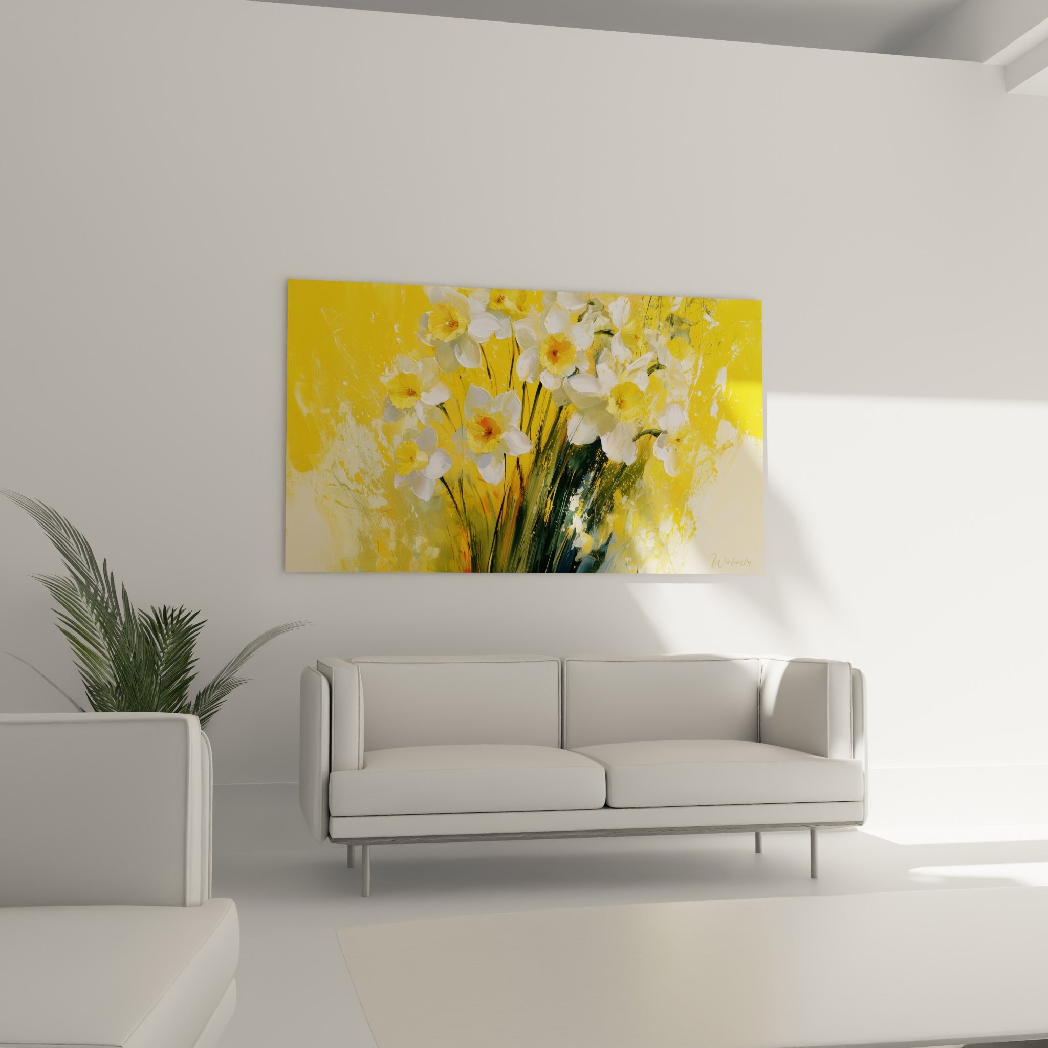 Fleurs de jonquille jaune et blanche disposées au-dessus d'un canapé dans un salon lumineux