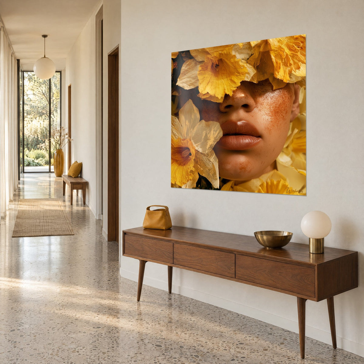 Tableau portrait fleuri aux pétales ivoire et jaune d'or sur peau cuivrée, accroché au-dessus d'une console en bois, couloir lumineux