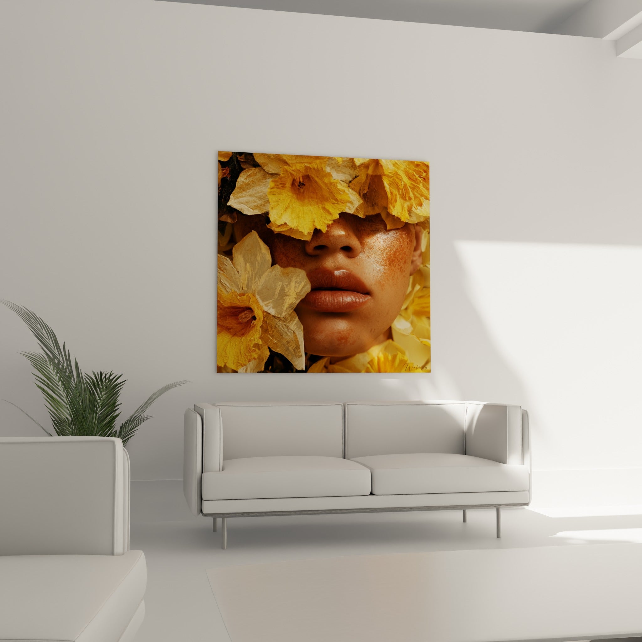 Visage jonquille aux teintes dorées et cuivrées, au-dessus d'un canapé dans un salon lumineux