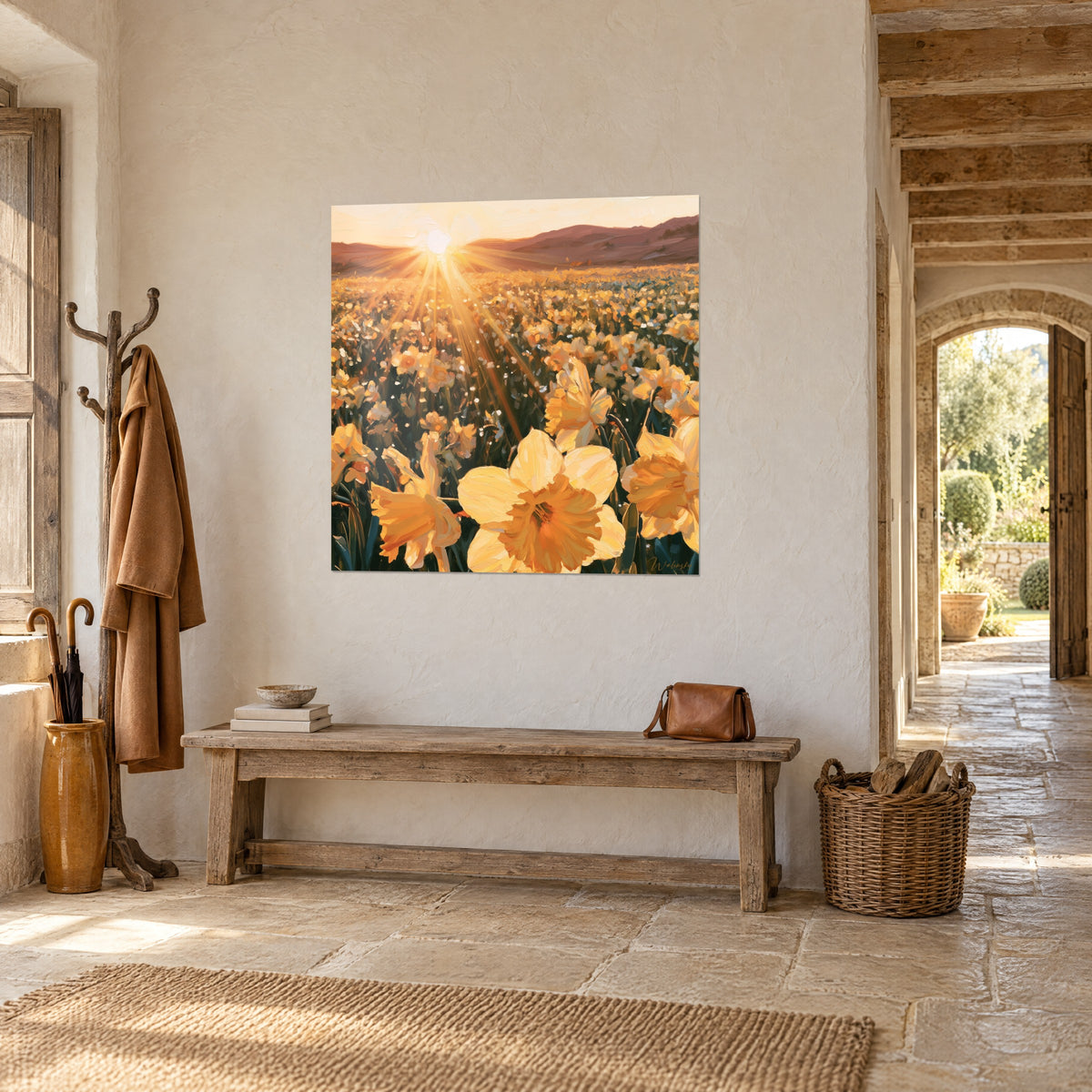 Quadro prato di narcisi dorati, sole splendente e rilievi viola, appeso vicino a un arco di pietra