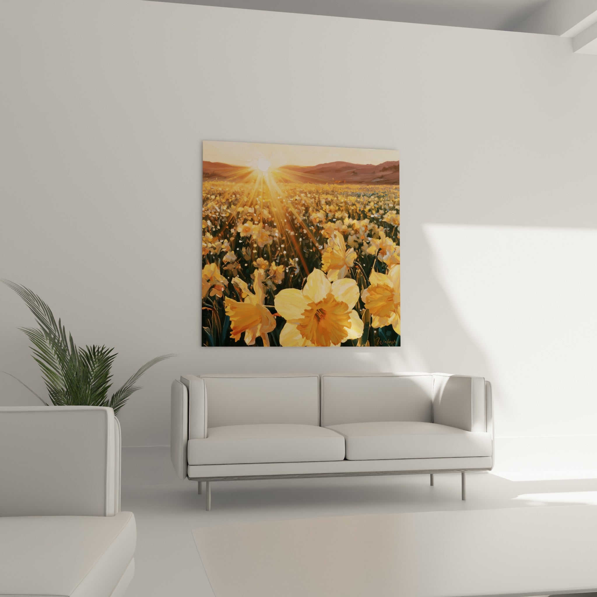 Fleurs jaunes et vertes baignées de lumière accrochées au-dessus d'un canapé dans un salon lumineux