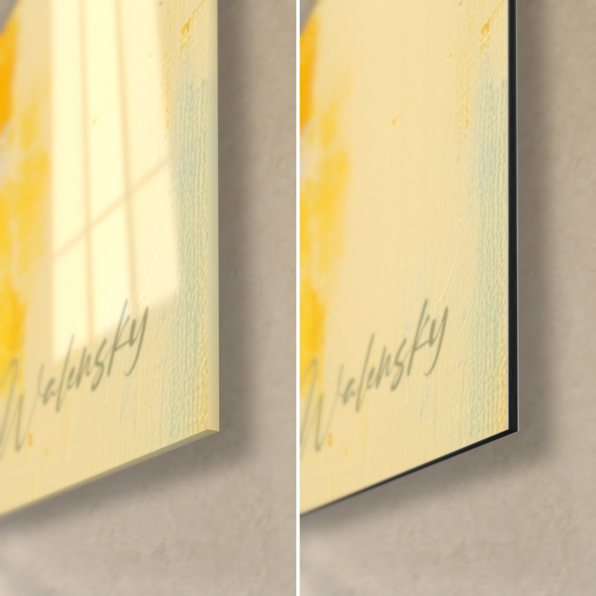 Quadro bouquet di narcisi, angolo in basso a destra: vetro acrilico lucido giallo pallido a sinistra, Dibond opaco a destra, bordo nero