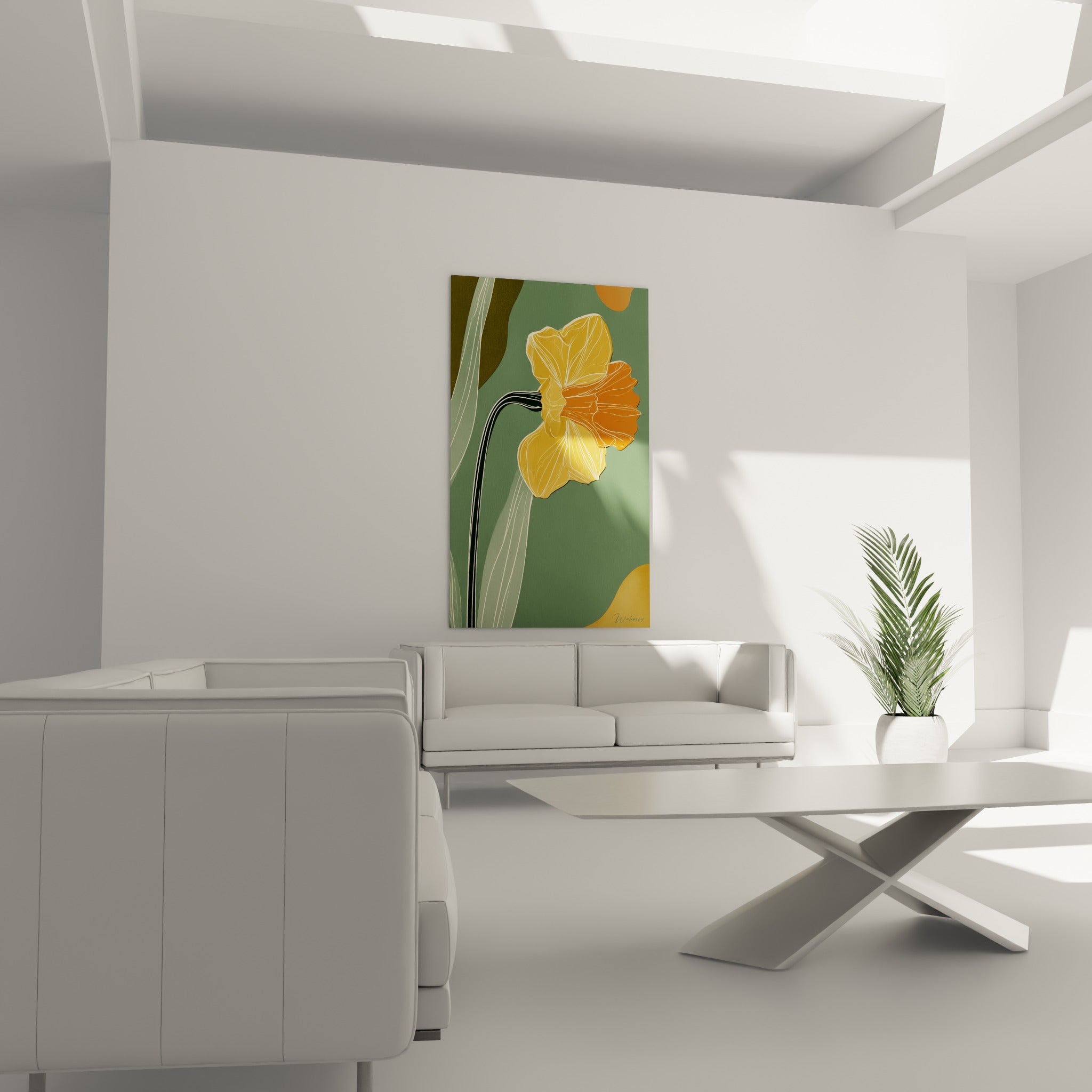 Pétales jonquille jaune safran et vert olive suspendus au-dessus d'un canapé dans un salon lumineux