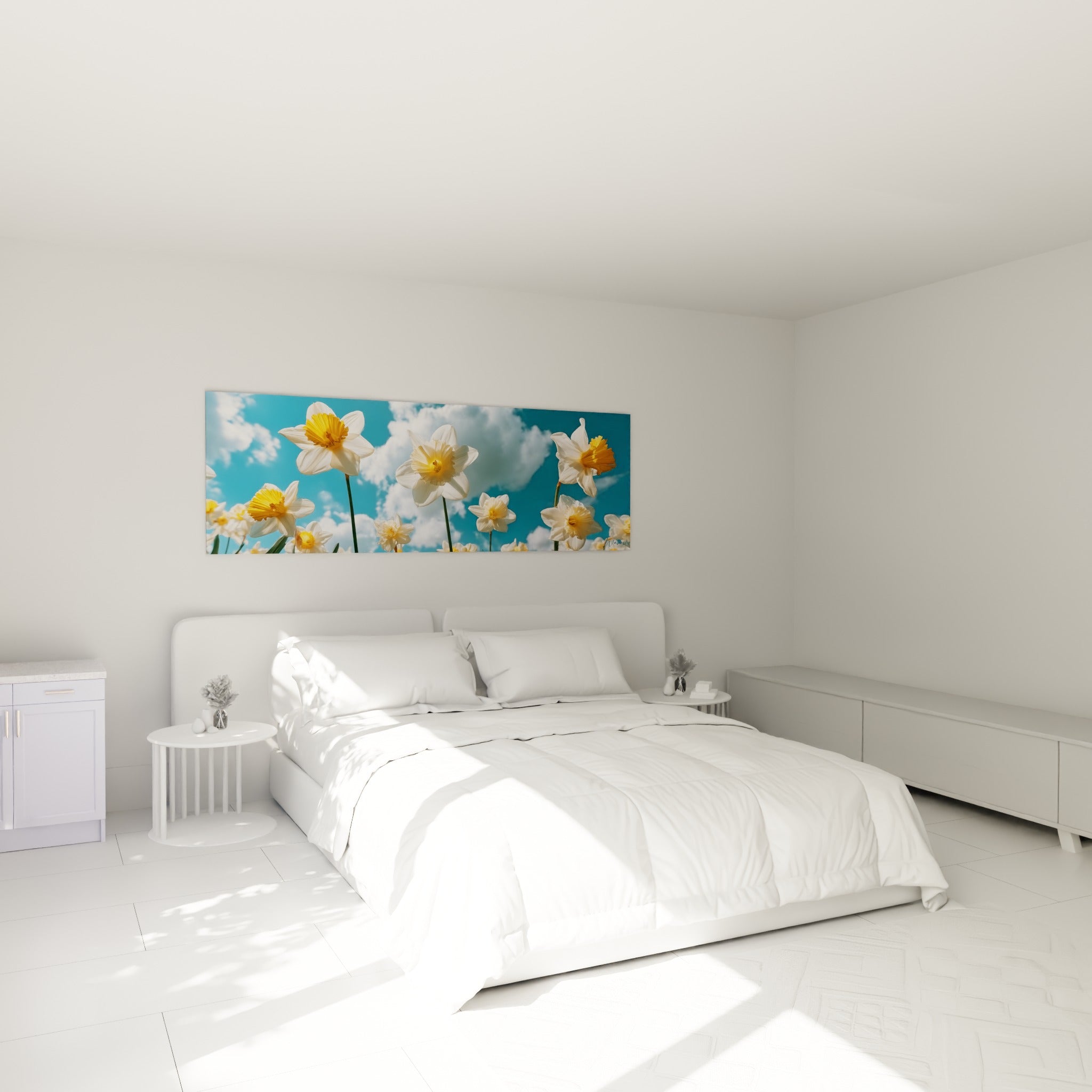 Jonquilles blanches et jaunes vues du sol, tableau accroché au-dessus d'un lit dans une chambre claire