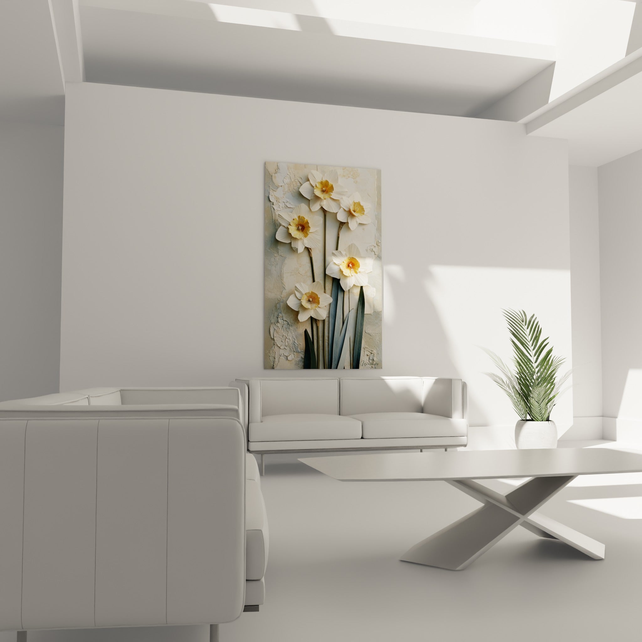 Fleurs de jonquille ocre et crème apportant une touche végétale au-dessus d'un canapé dans un salon lumineux