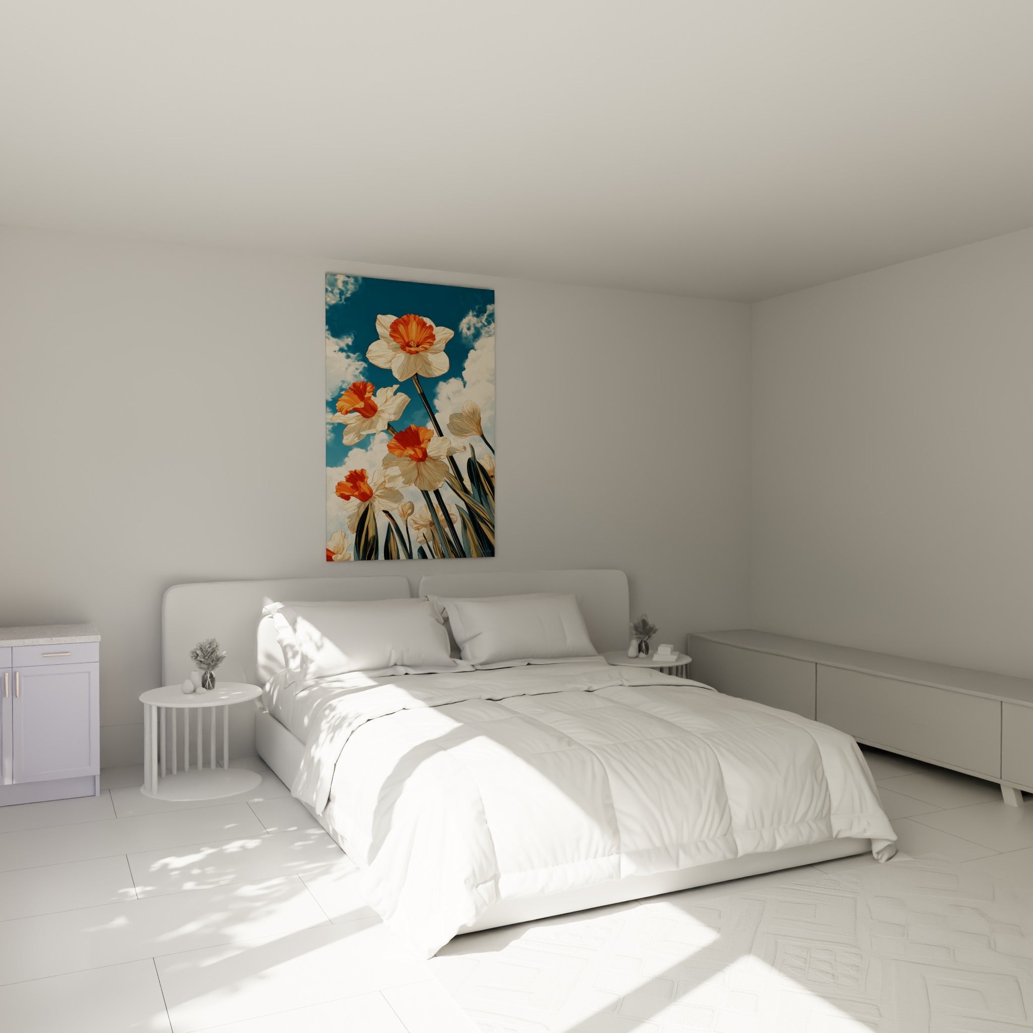 Jonquilles orangées et blanches sous ciel bleu, accrochées au-dessus d'un lit dans une chambre claire