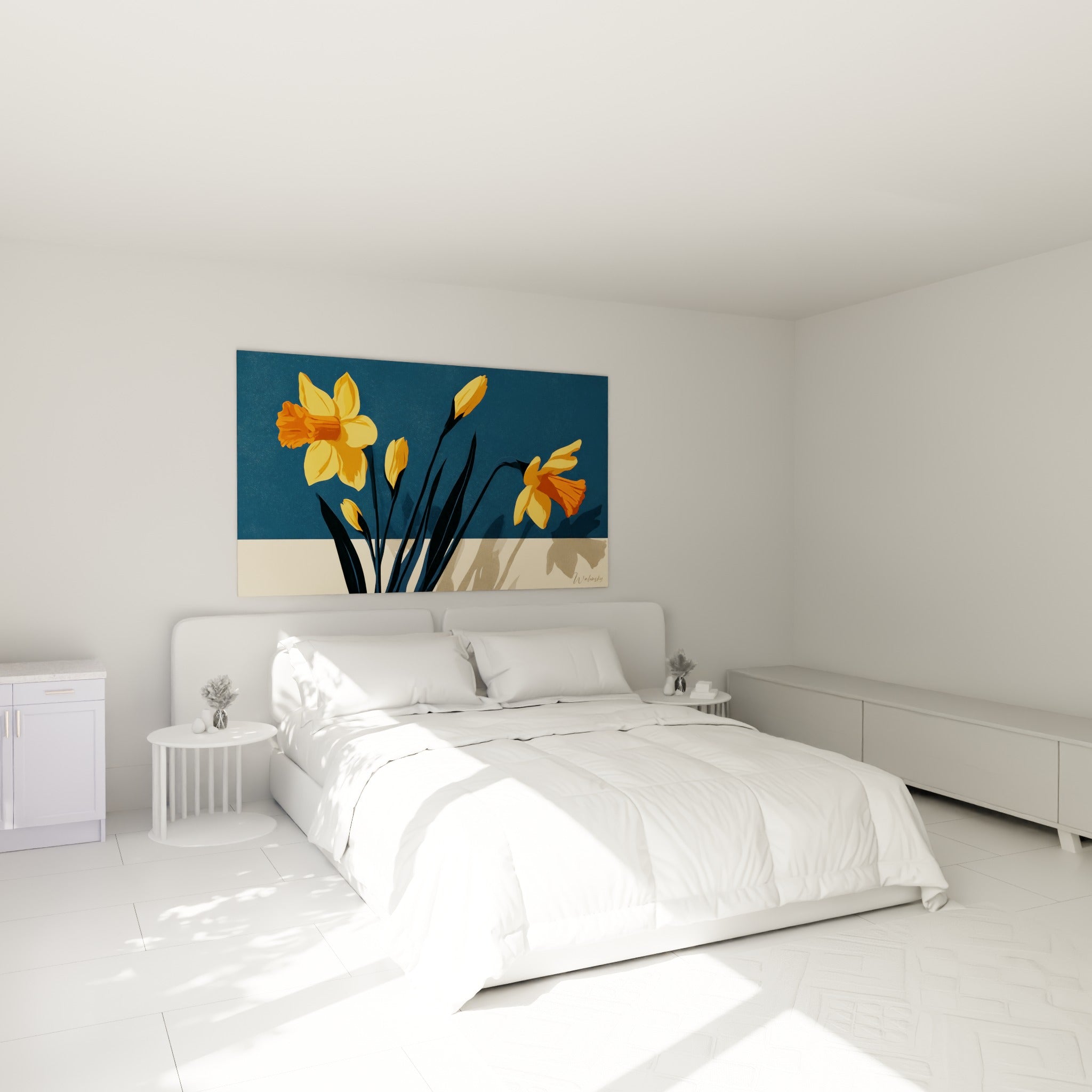 Fleurs de jonquille jaune doré et orange accrochées au-dessus d'un lit dans une chambre claire