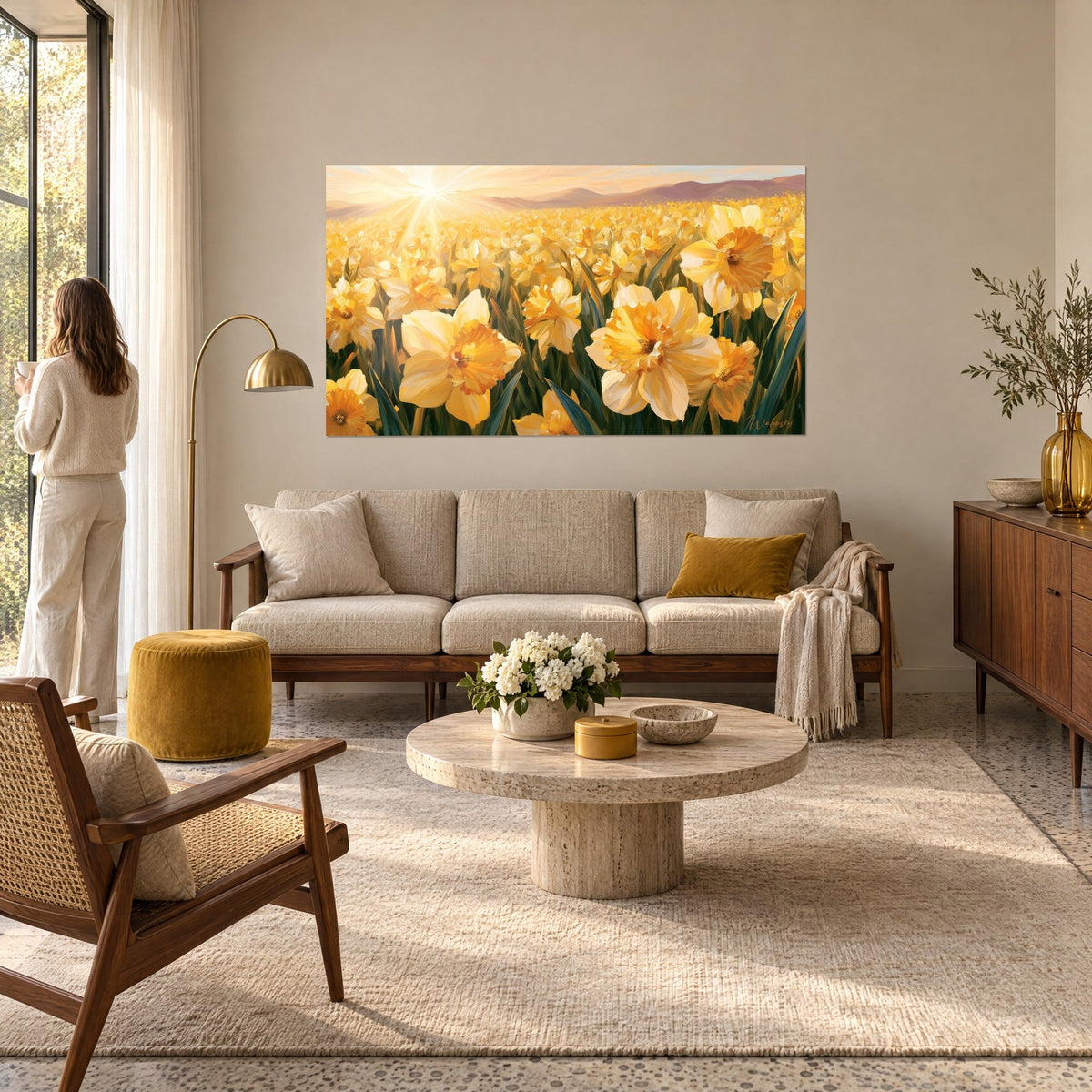 Quadro campo di narcisi dorati sotto un sole radioso, colline malva sullo sfondo, donna di spalle, sopra un divano in un soggiorno luminoso
