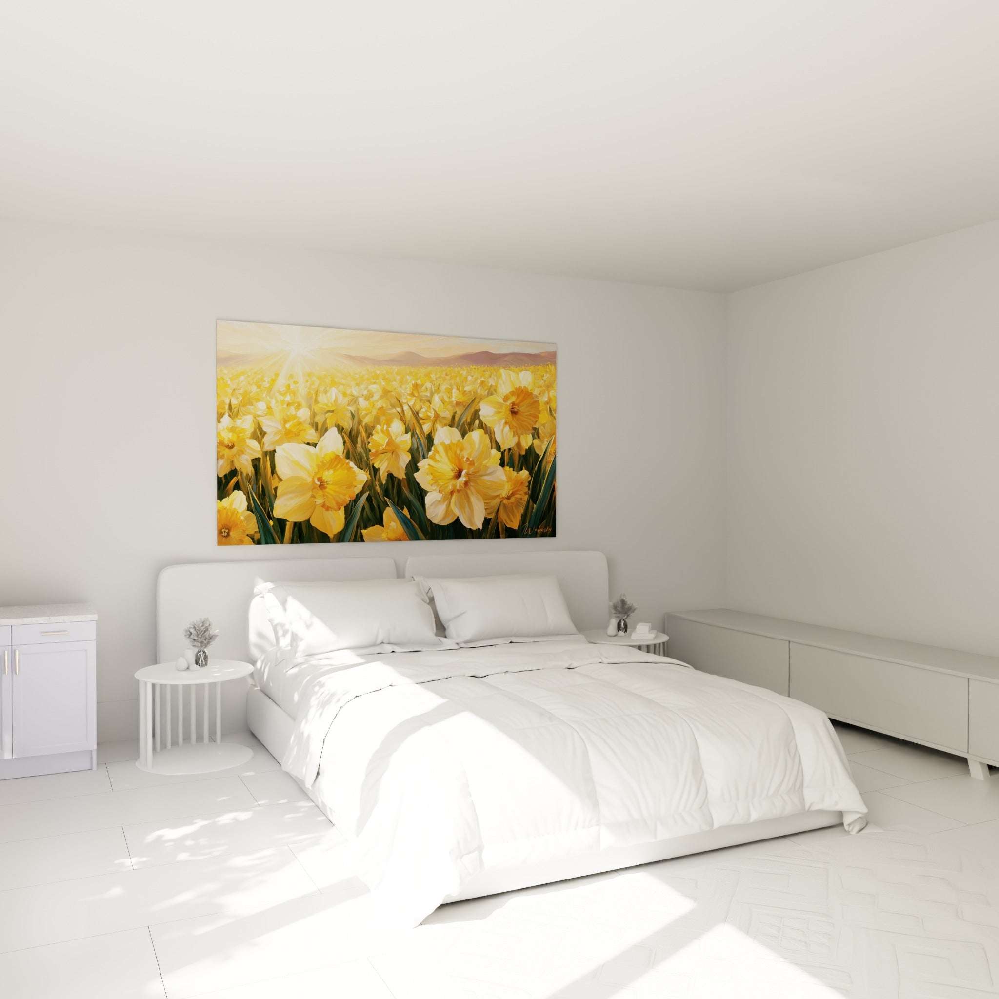 Jonquilles dorées et orangées baignées de lumière, accrochées au-dessus d'un lit dans une chambre claire